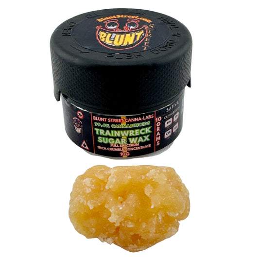 Jar of Blunt Street Canna-Label Trainwreck Sugar Wax on a white background
