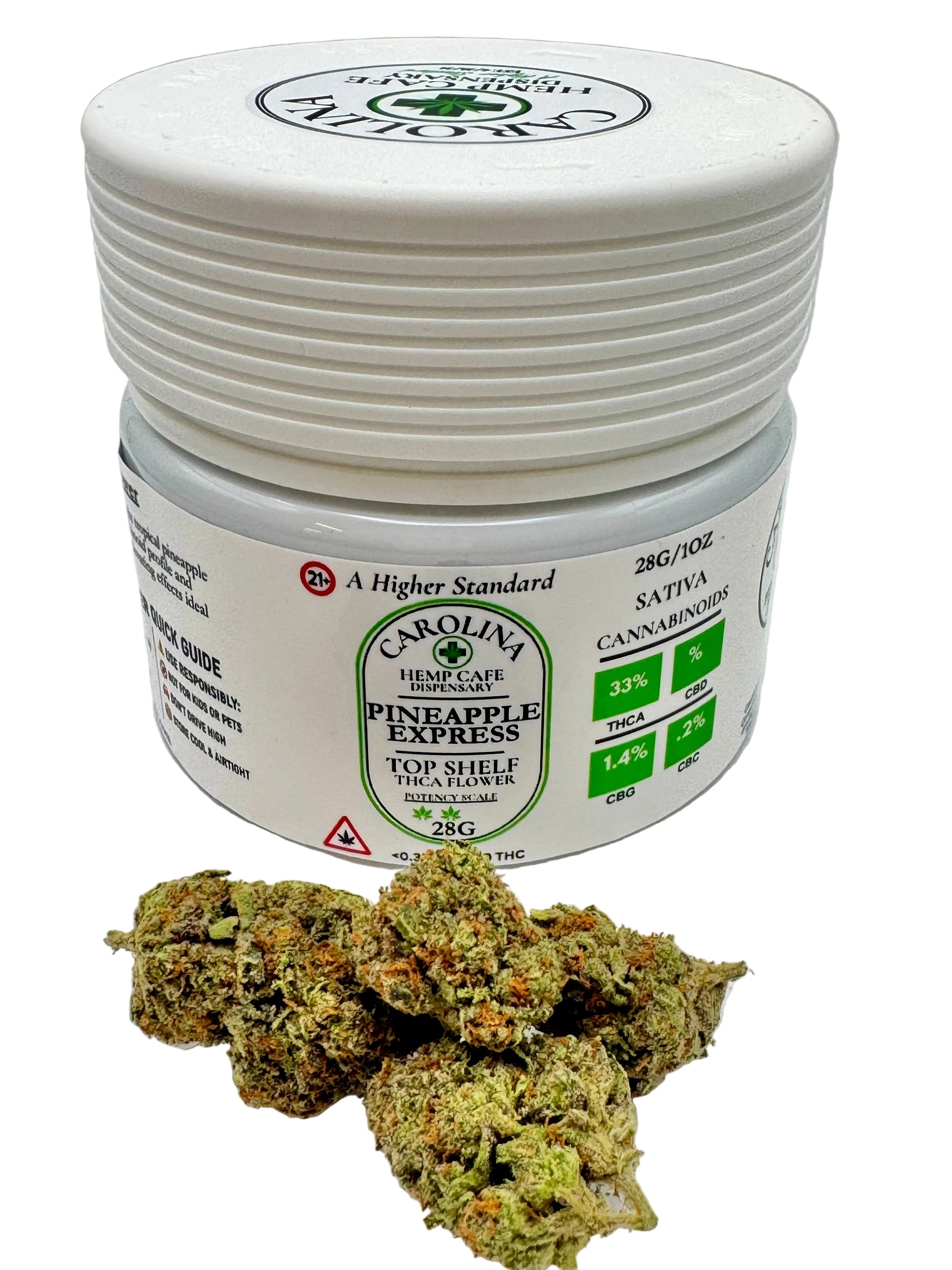 Jar of Carolina Hemp Cafe Pineapple Express cannabis with some buds on a white background