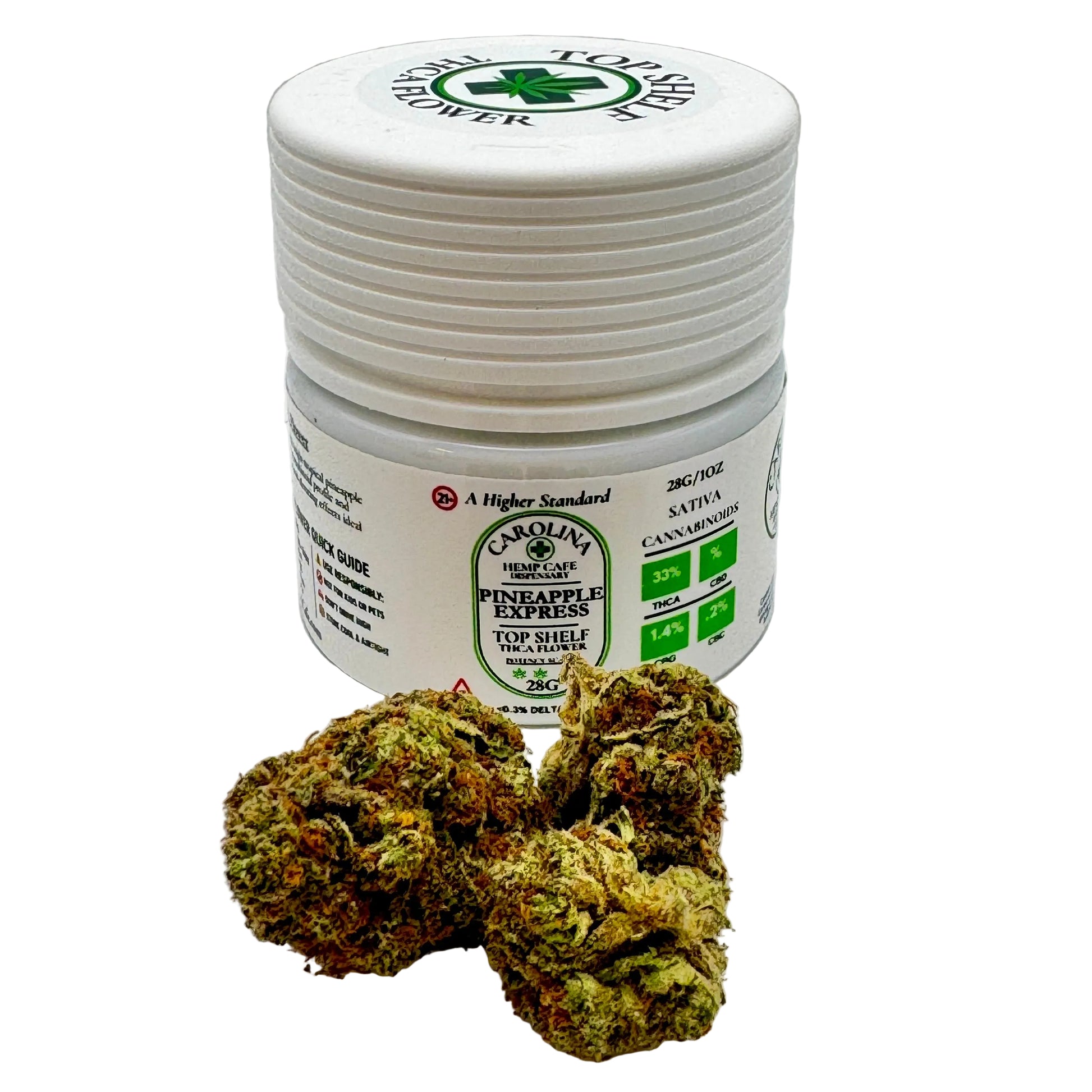 White container with green label featuring 'Carolina's Herb Cafe' branding, surrounded by dried cannabis buds on a light gray background.