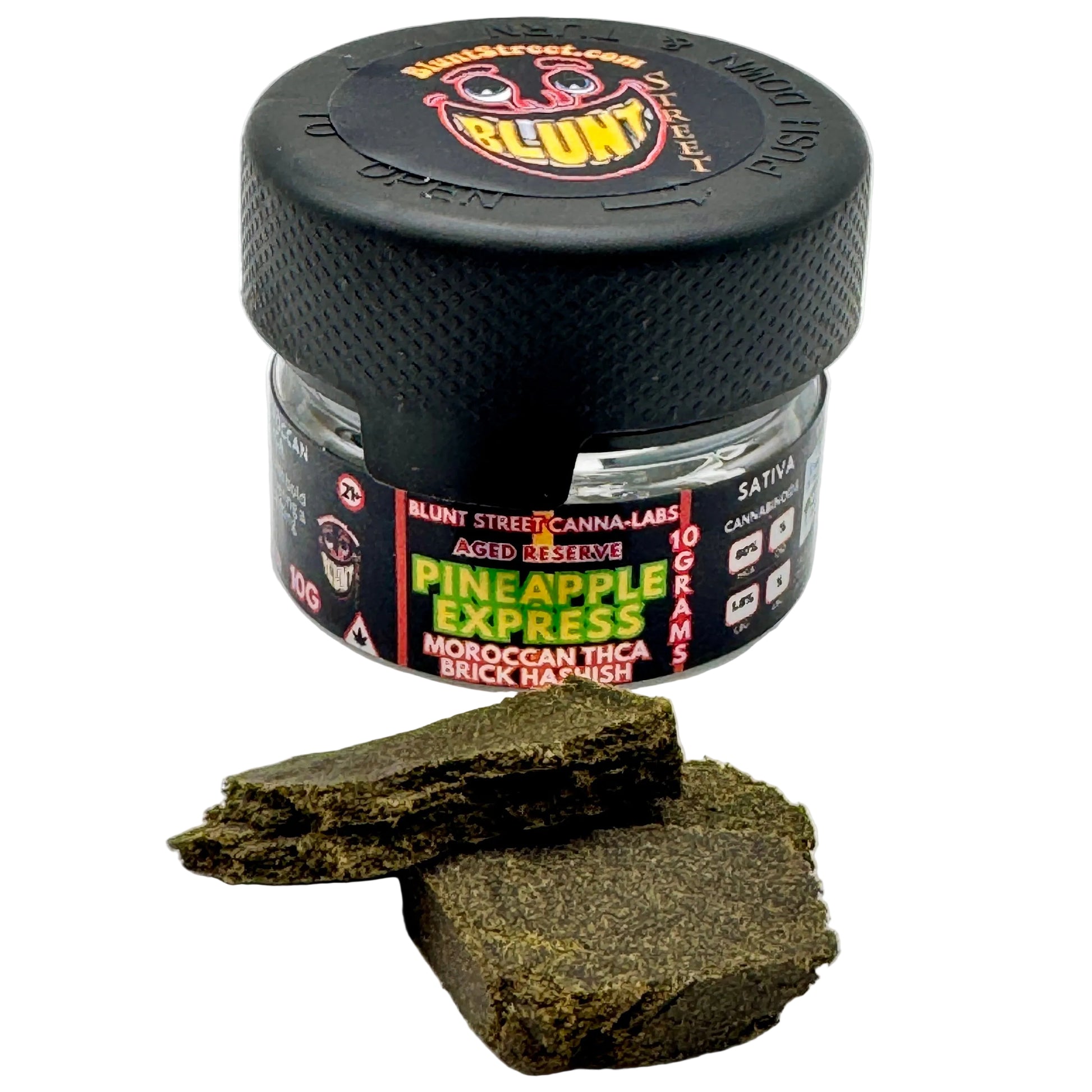 Jar of cannabis with 'Blunt' branding on a white background