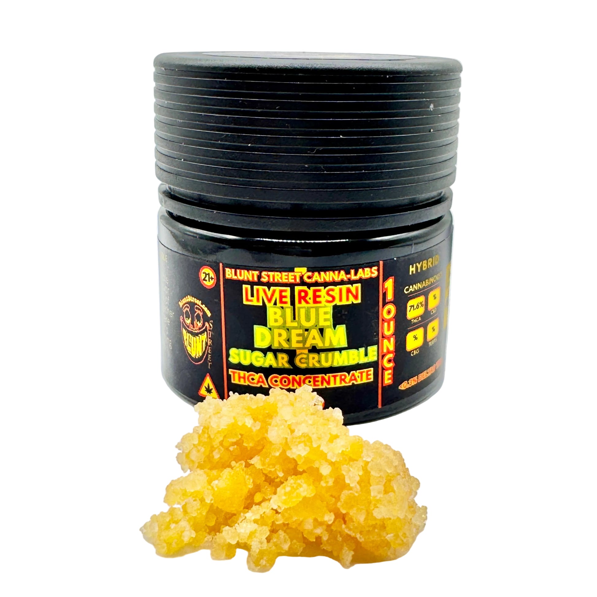 Jar of live resin concentrate with yellow substance on a white background