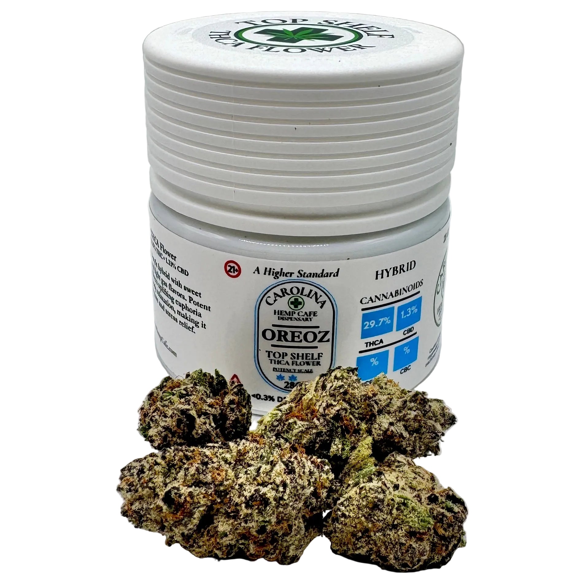 Jar of OREOZ cannabis with cannabis buds on a white background