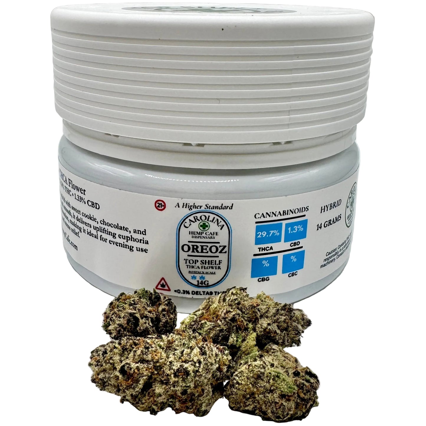 Jar of cannabis buds with a label on a white background