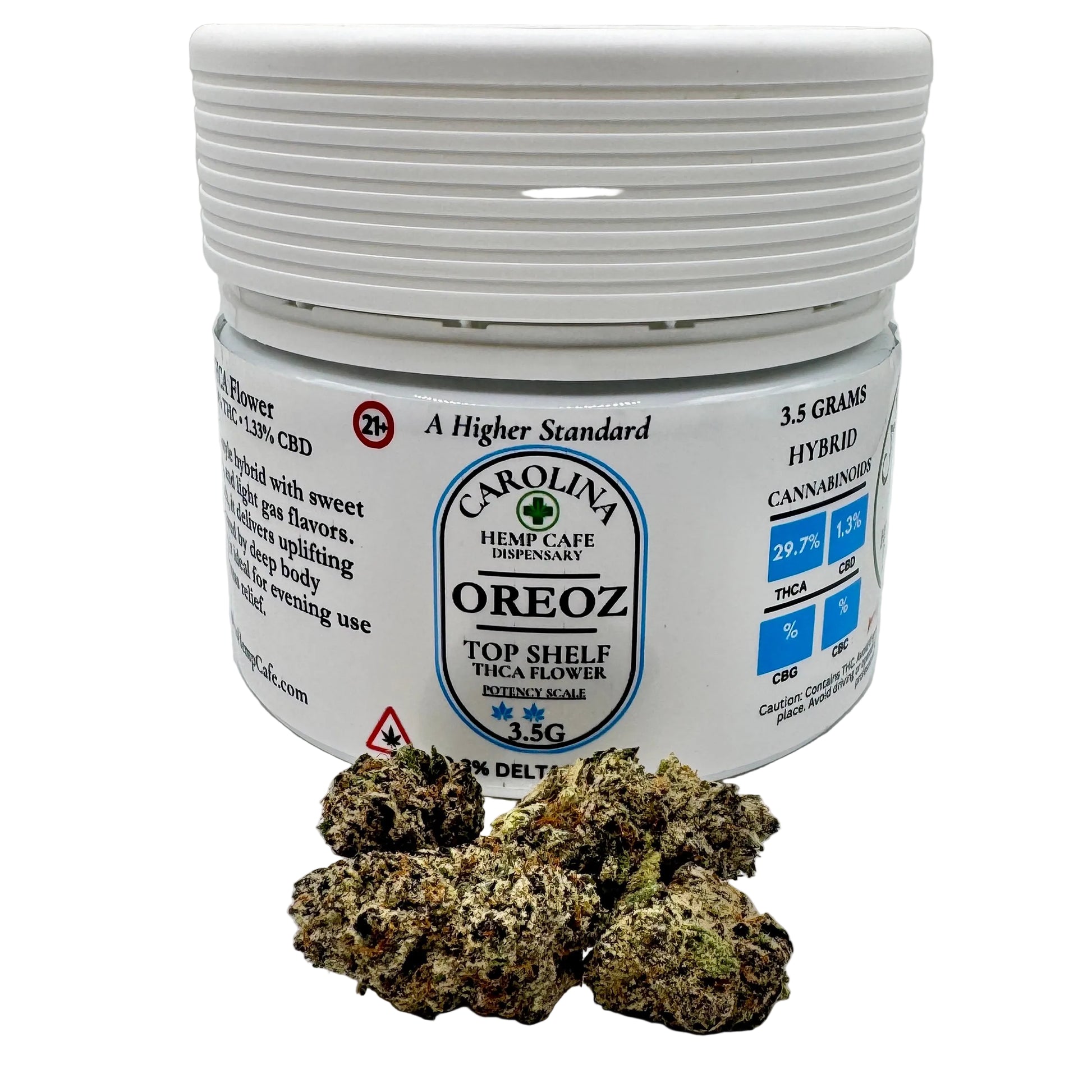 Jar of Carolina Hemp Cafe OREOZ Top Shelf cannabis flower on a white background