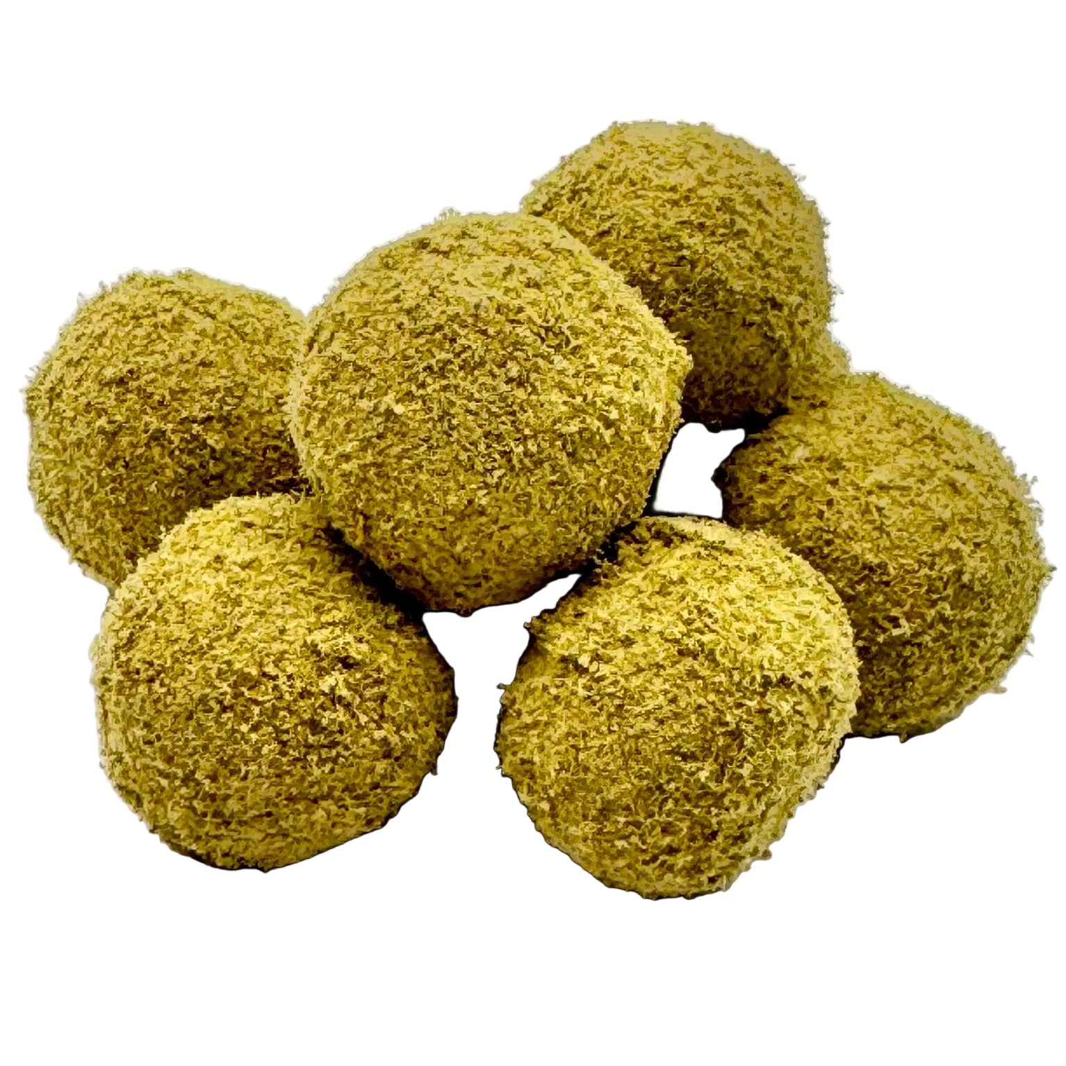 Green textured balls stacked on a white background