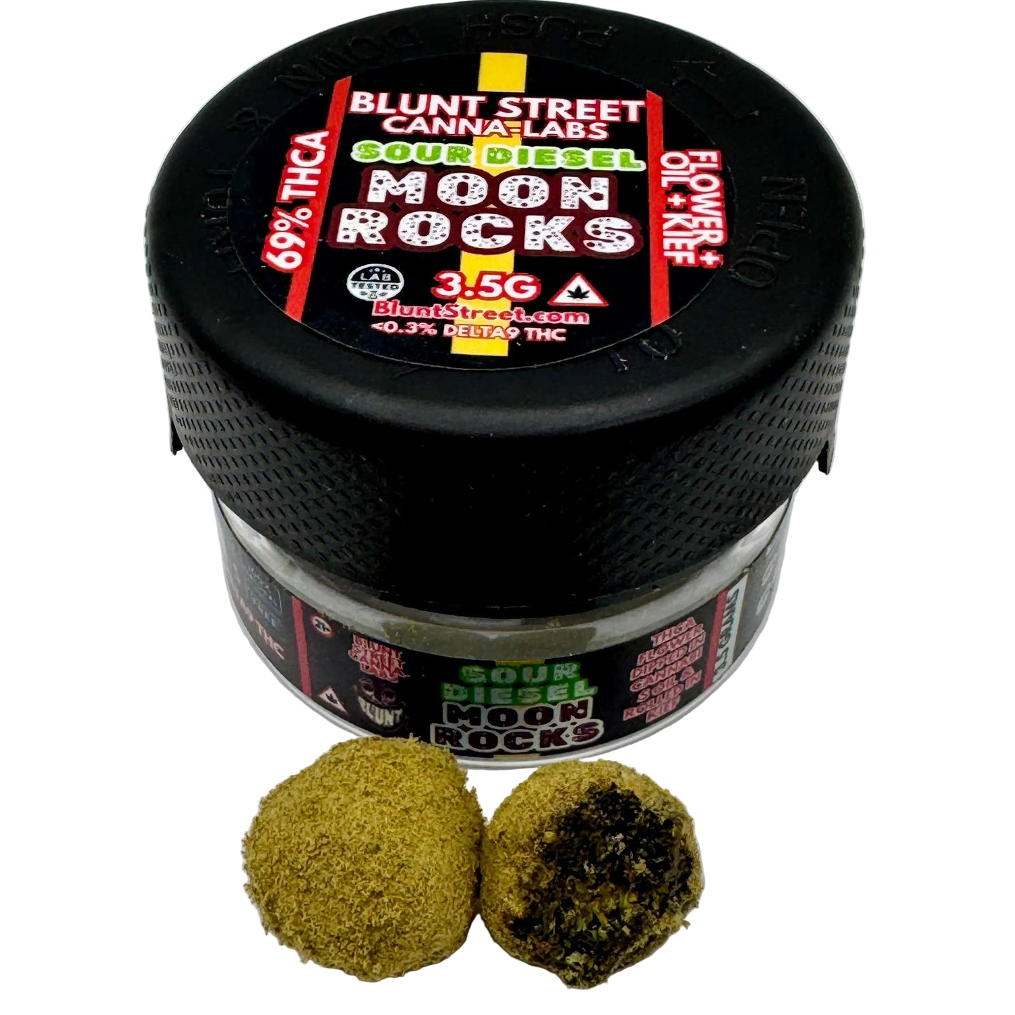 Jar of Blunt Street Cannabis Labs Sour Diesel Moon Rocks with two cannabis buds on a white background