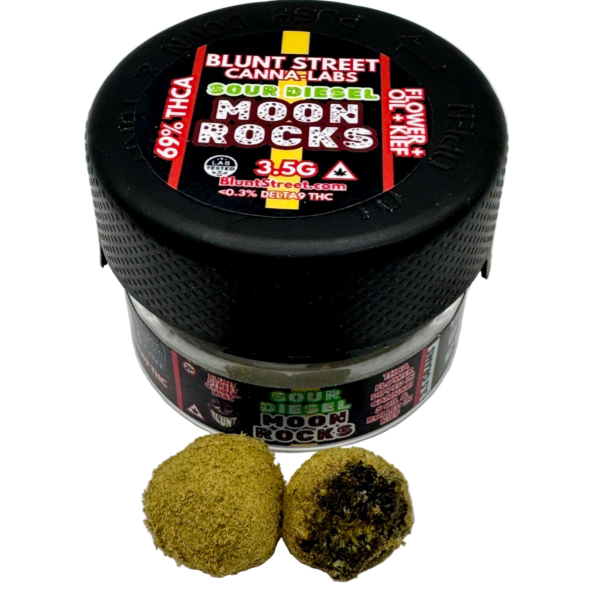 Jar of Blunt Street Cannabis Labs Sour Diesel Moon Rocks with two cannabis buds on a white background