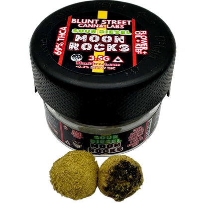 Jar of Blunt Street Cannabis Labs Sour Diesel Moon Rocks with two cannabis buds on a white background