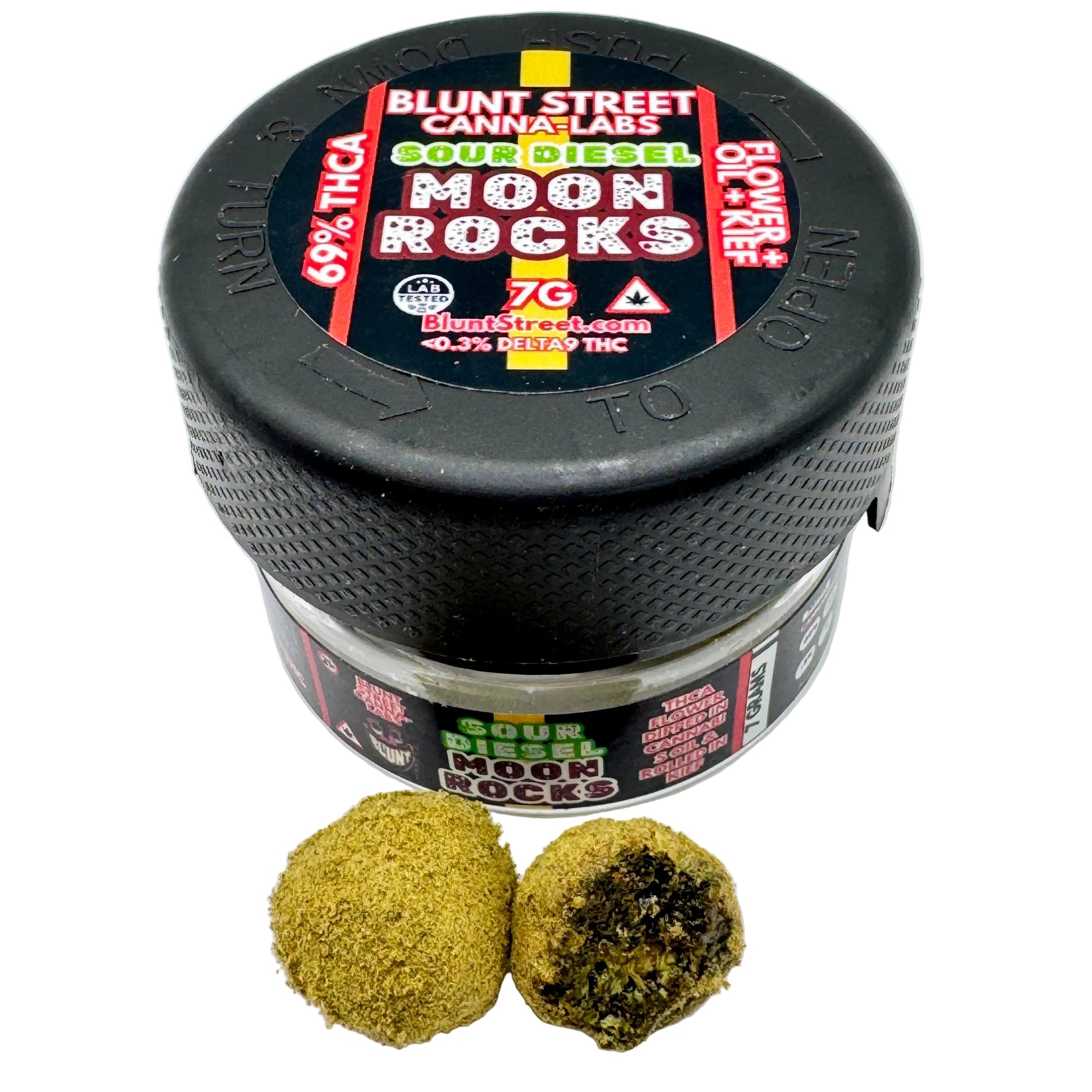 Container of Blunt Street Canna Labs Sour Diesel Moon Rocks on a white background