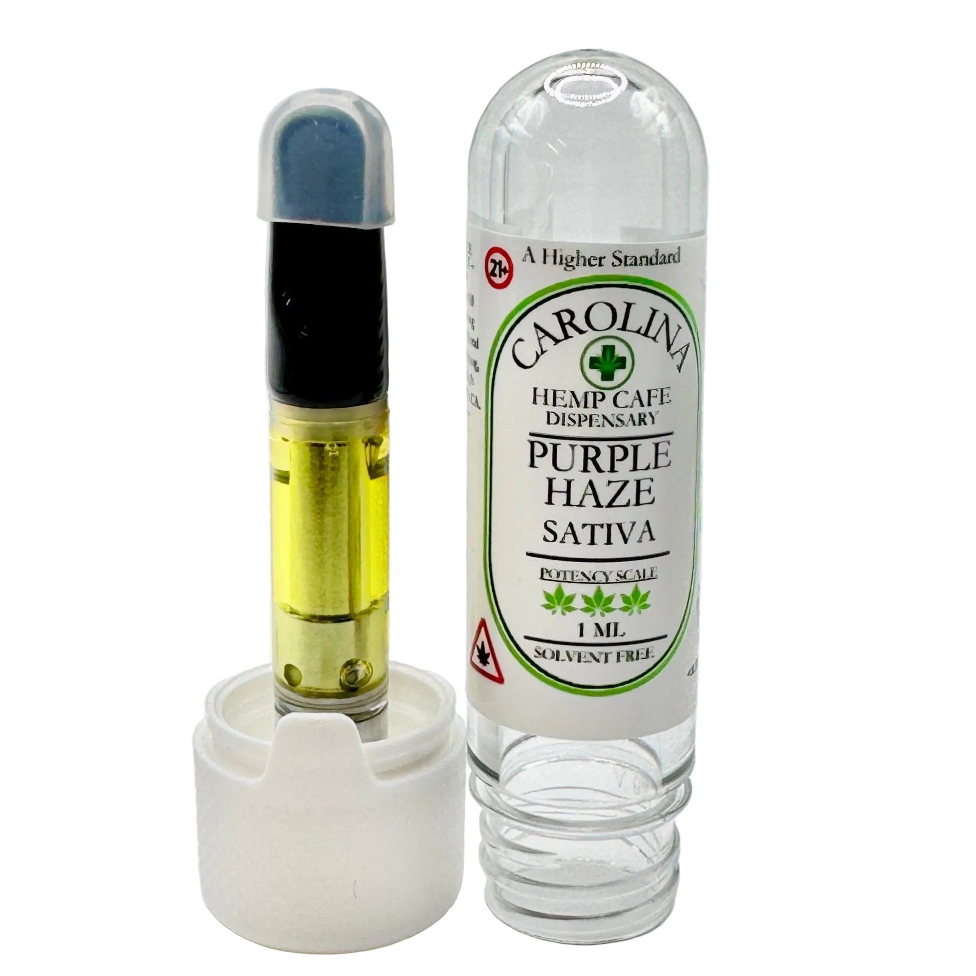 Carolina Hemp Cafe dispensary vape cartridge with label on a white background
