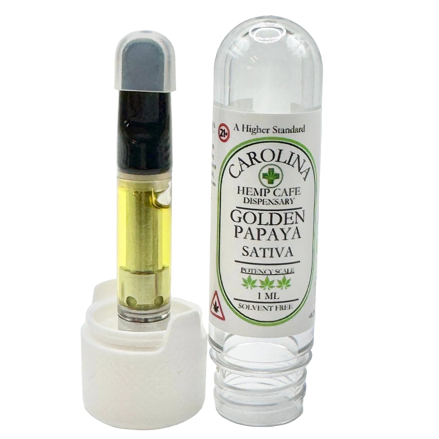 Carolina Hemp Cafe Golden Papaya Sativa vape cartridge on a white background