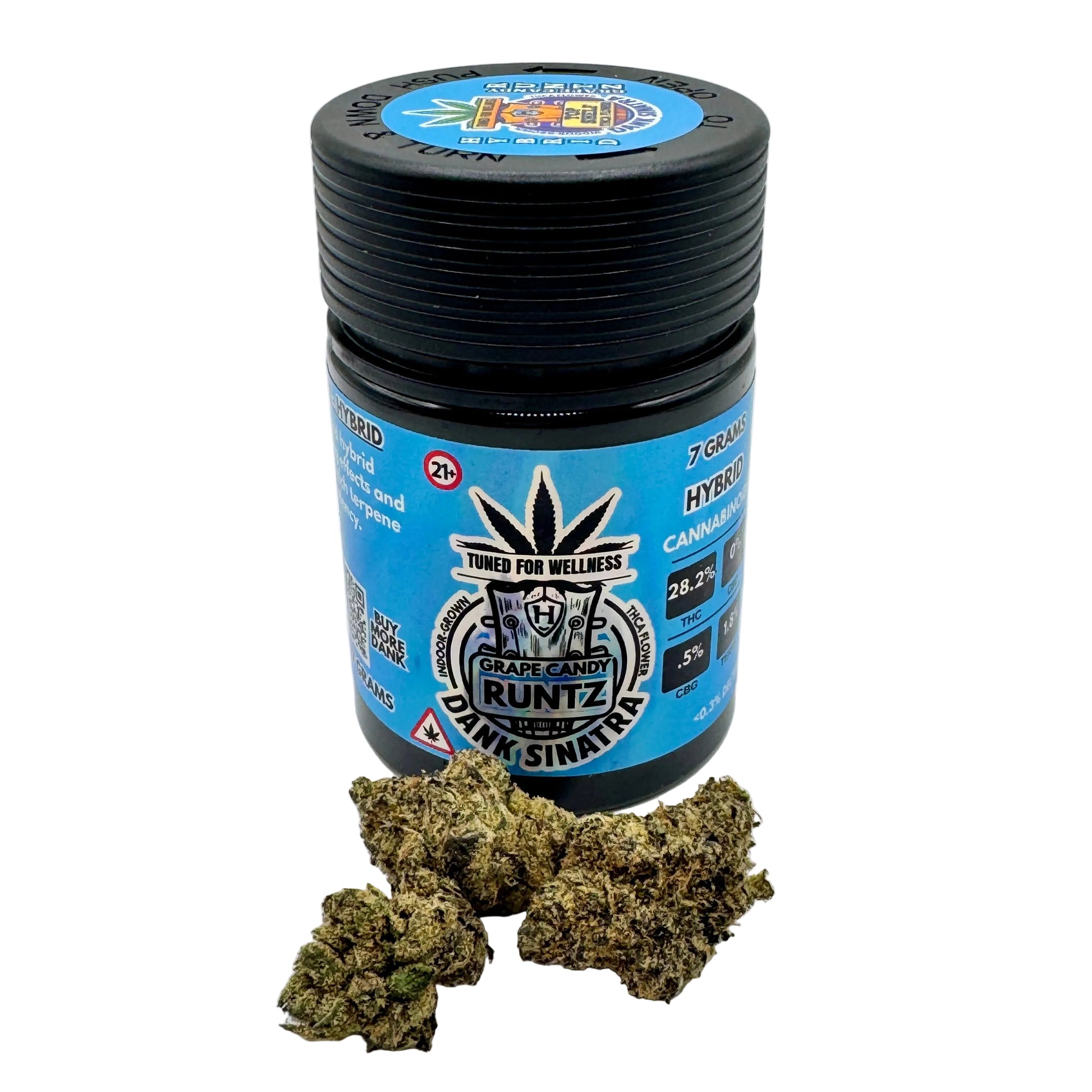 Jar of cannabis with visible branding on a white background