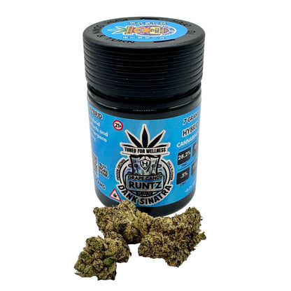 Jar of cannabis with visible branding on a white background