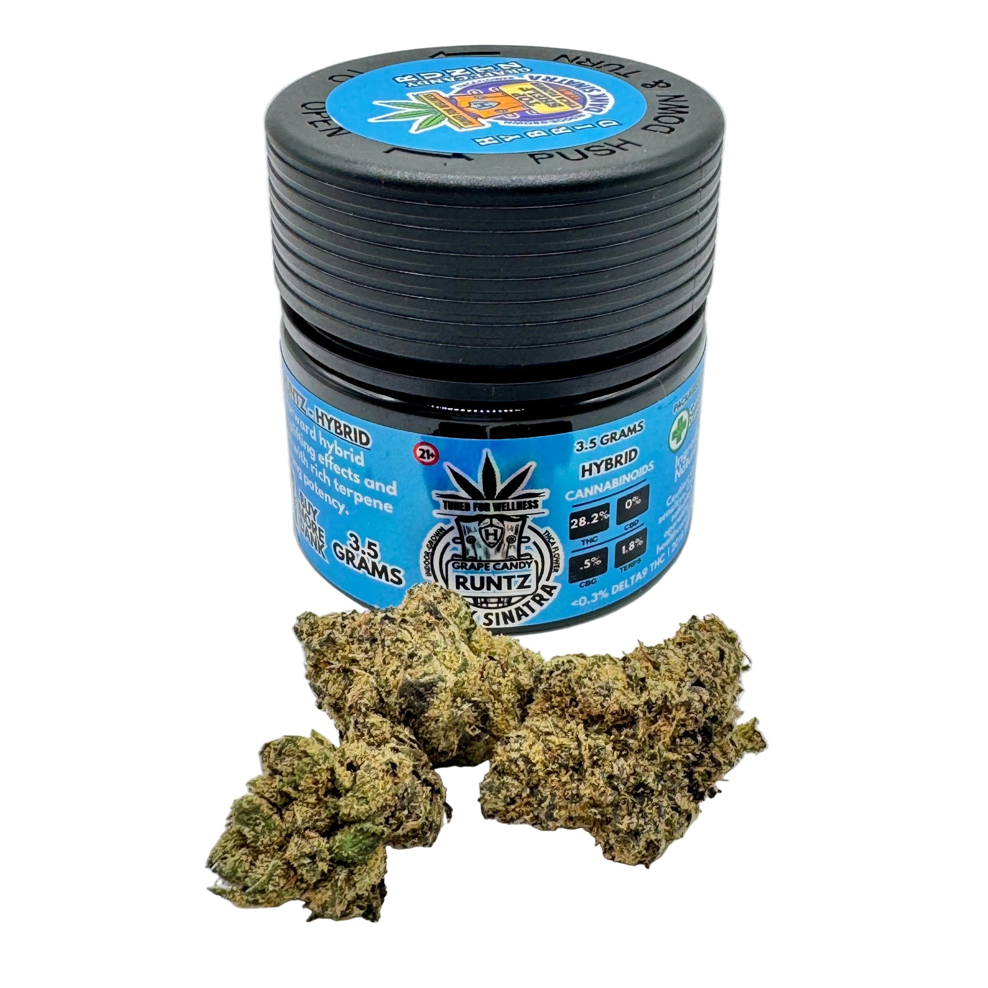 Jar of cannabis with a blue label on a white background
