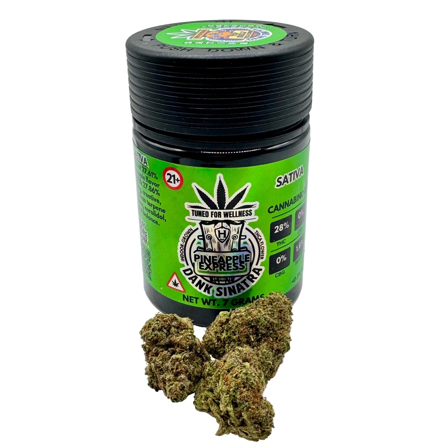 Green cannabis jar with 'Pineapple Express' branding and cannabis buds on a white background