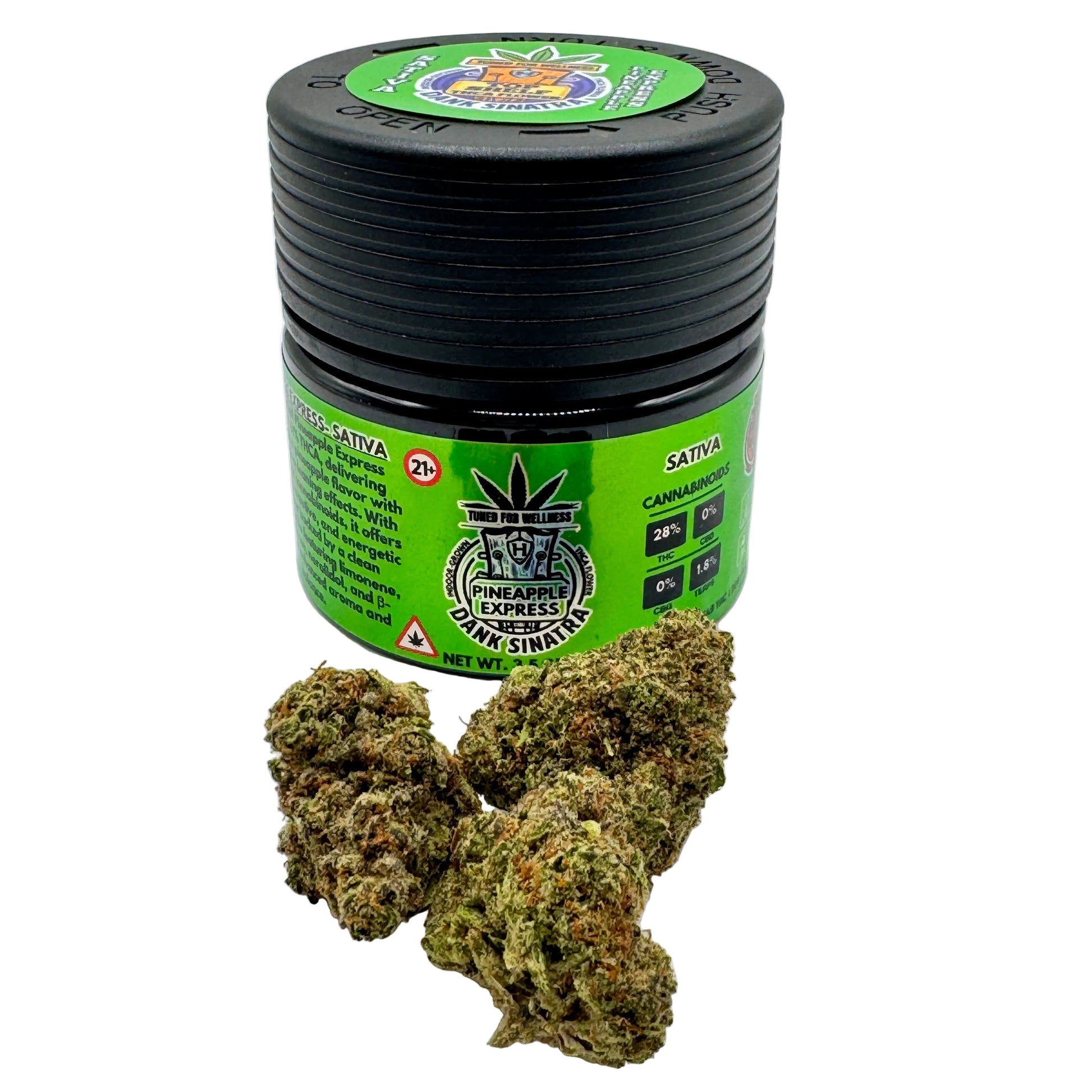 Green container of cannabis with buds on a white background