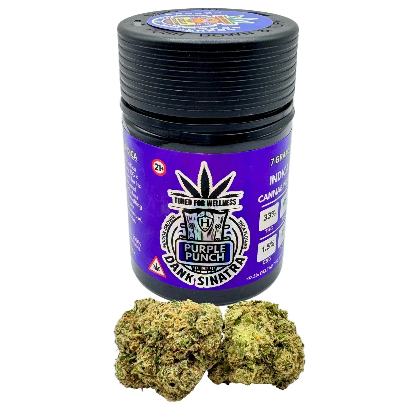 Jar of 'Purple Punch' cannabis with two buds on a white background