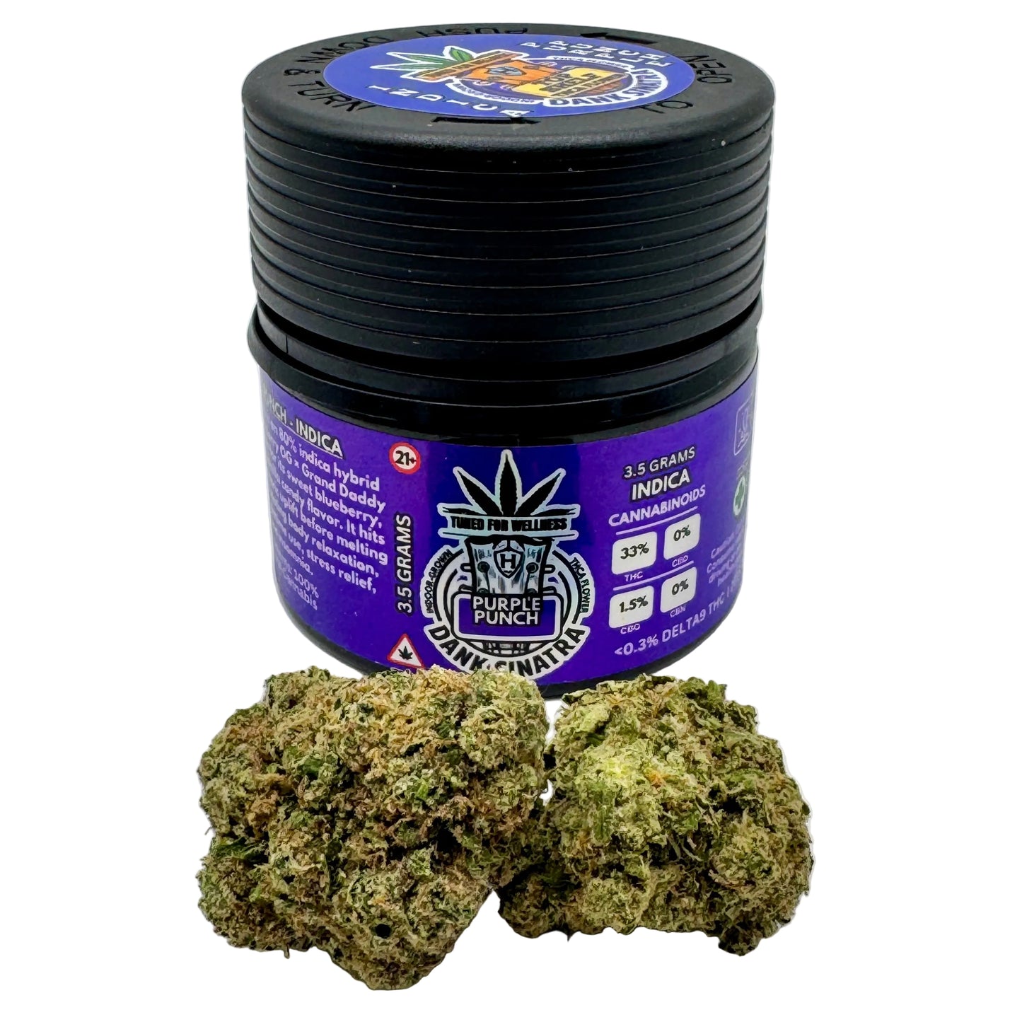 Jar of cannabis with purple label and two cannabis buds on a white background