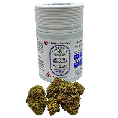 Jar of Carolina Hemp CBD flower with cannabis buds on a white background