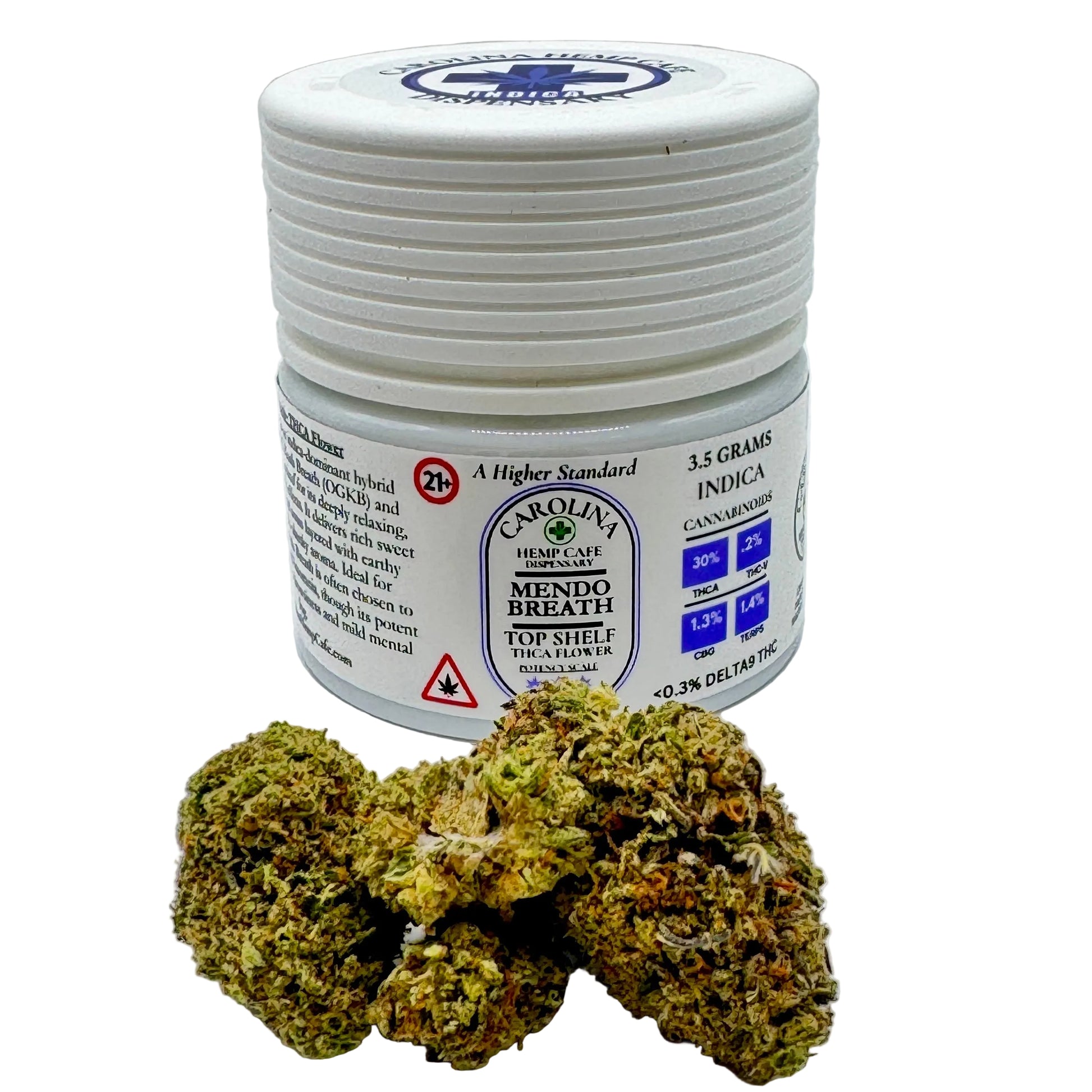 Jar of cannabis buds with a label on a white background