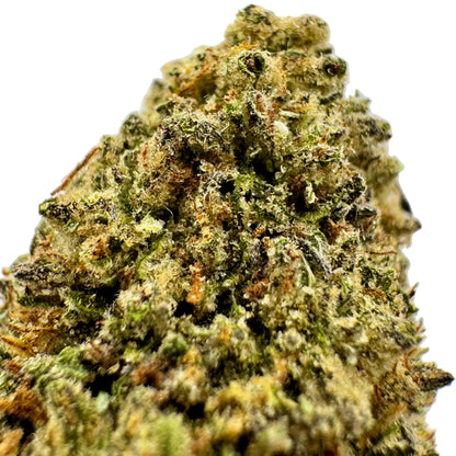 Close-up of a cannabis bud with green and orange hues on a white background