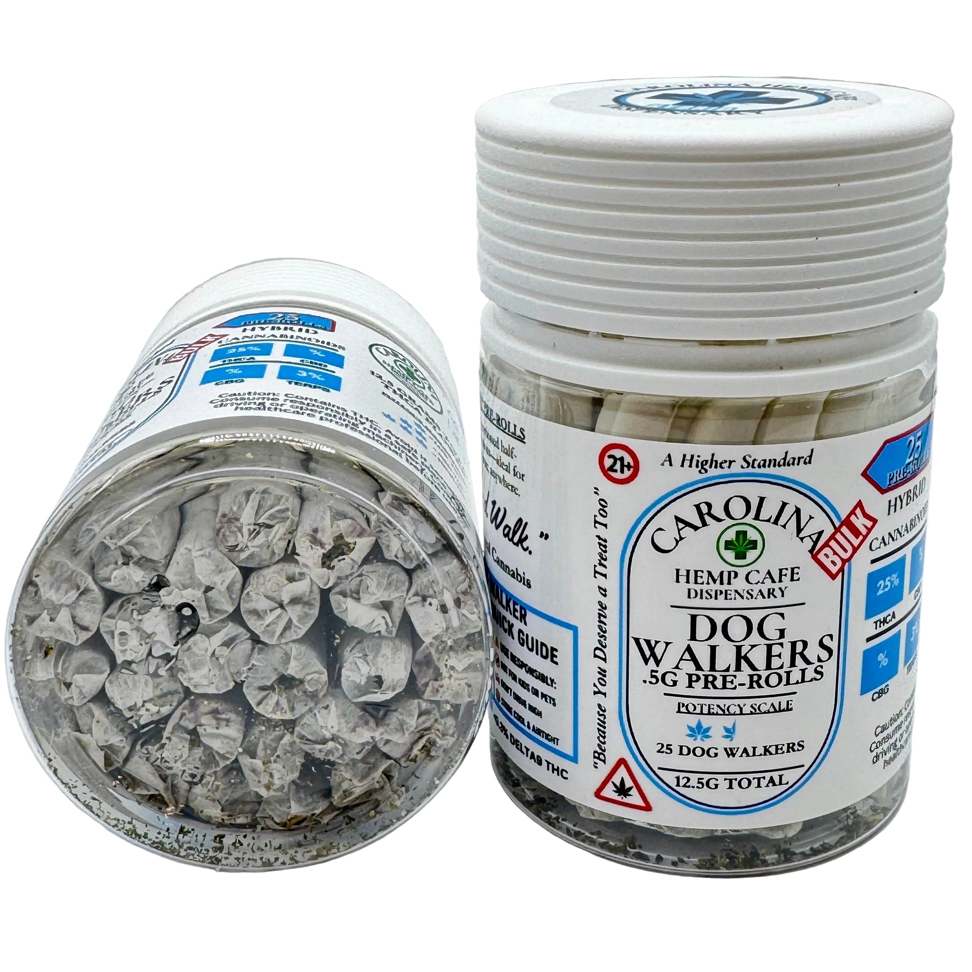 Two containers of pre-rolled dog walkers with visible labels on a gray background