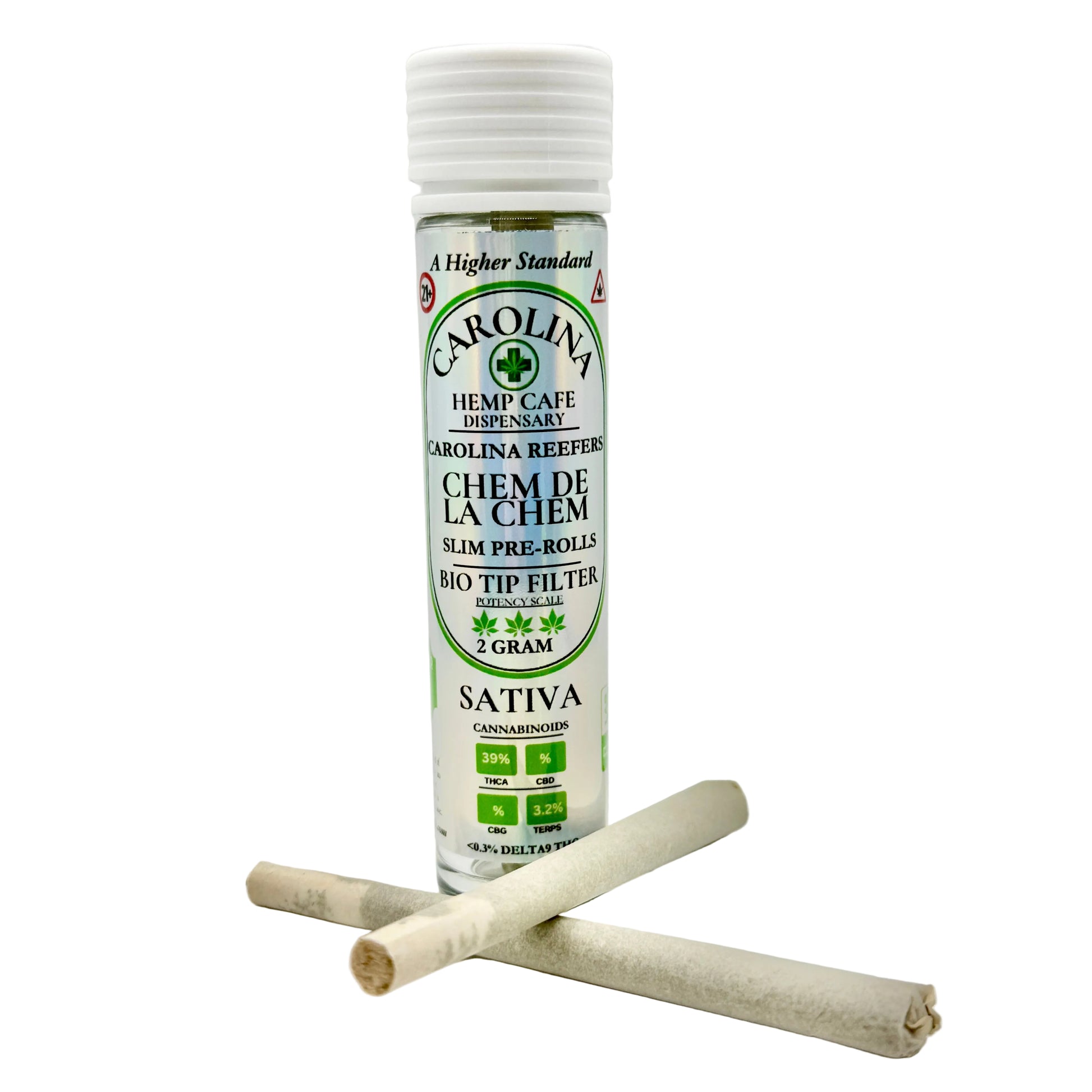 Bottle of Carolina Hemp Cafe pre-rolls with two pre-rolled joints on a white background