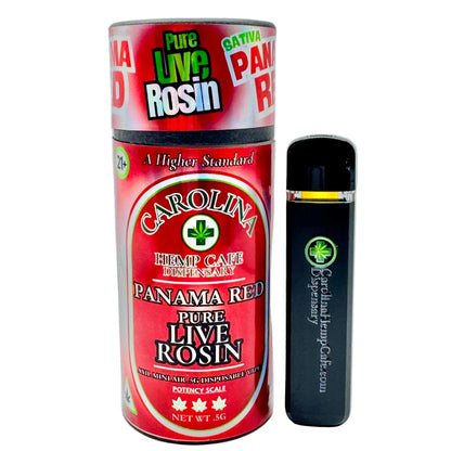 Carolina Hemp Cafe Panama Red Pure Live Rosin container and black device on a gray background