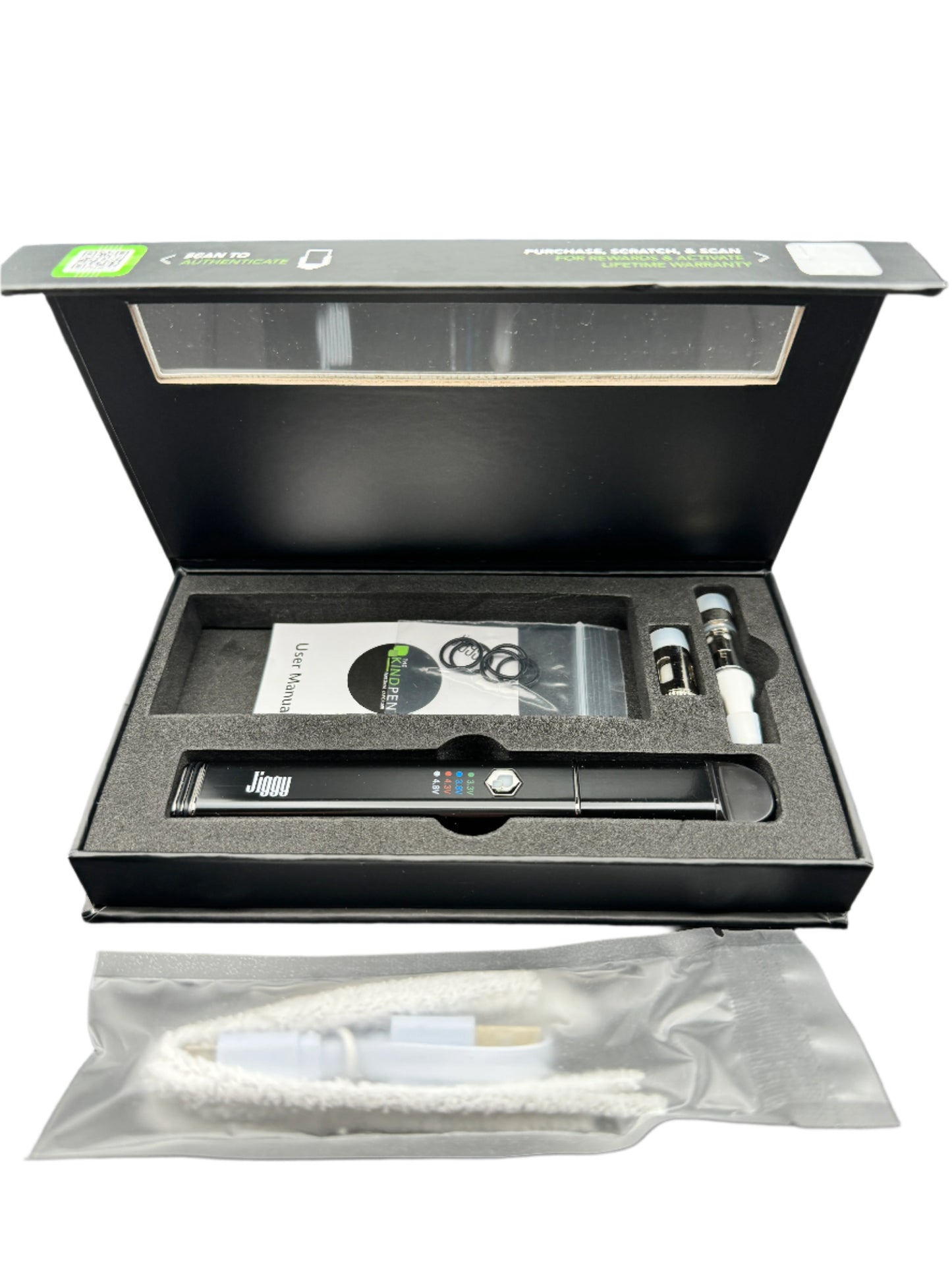 Open black box containing a vape device and accessories on a gray background