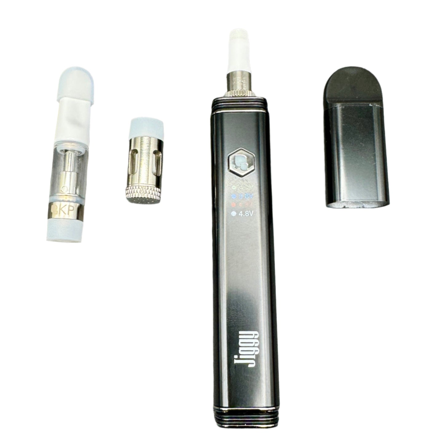 Vaping device with multiple components on a gray background