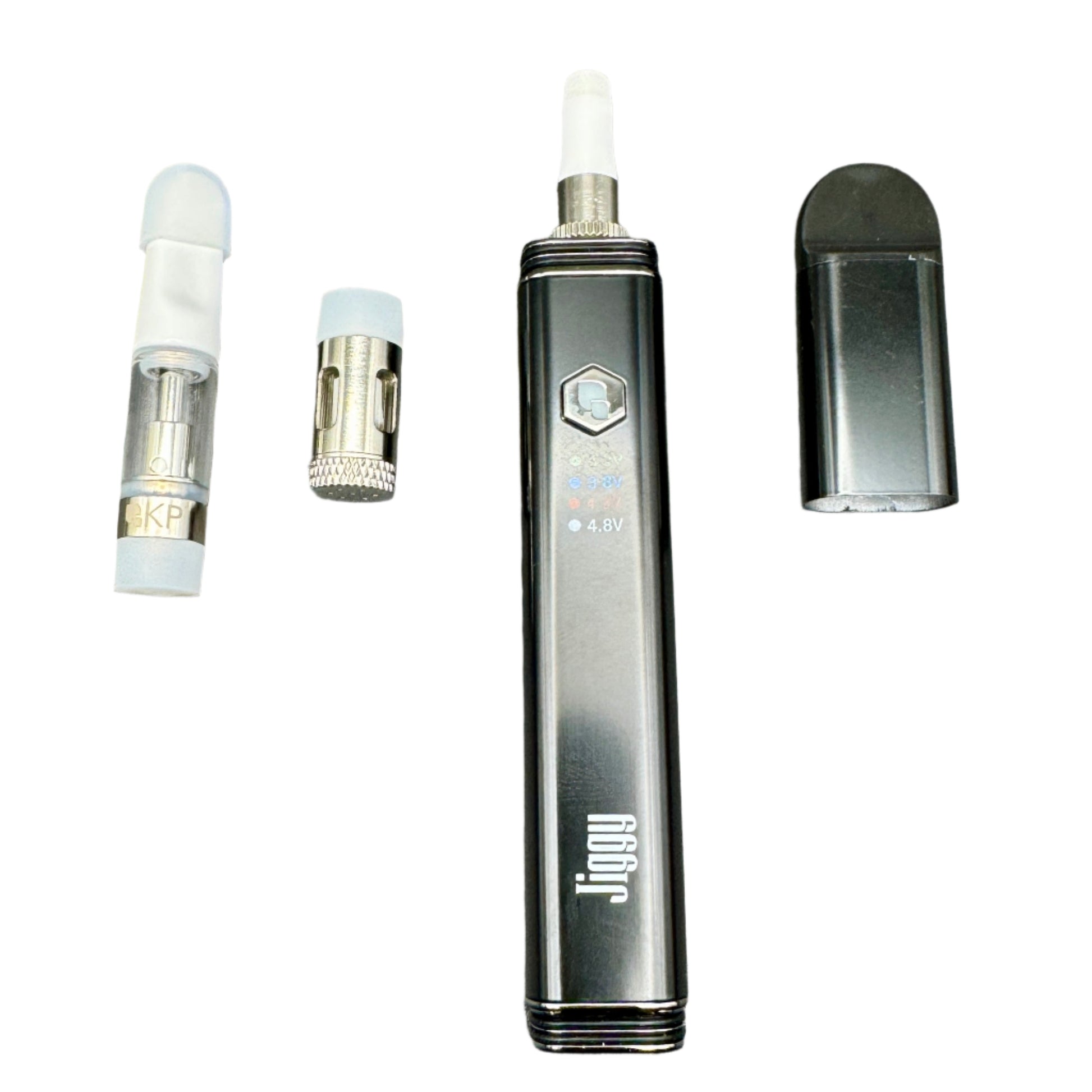 Vaping device with multiple components on a gray background