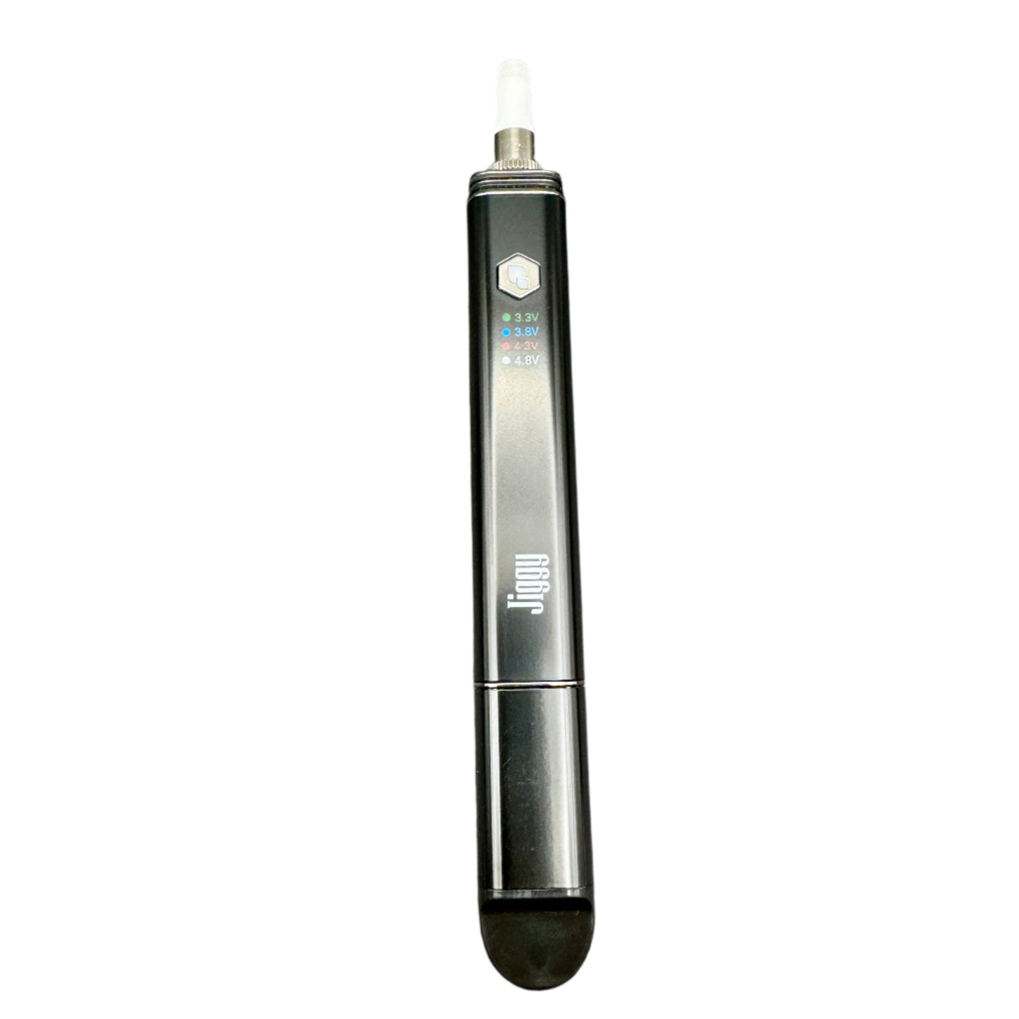 Electronic device with a brand logo on a gray background