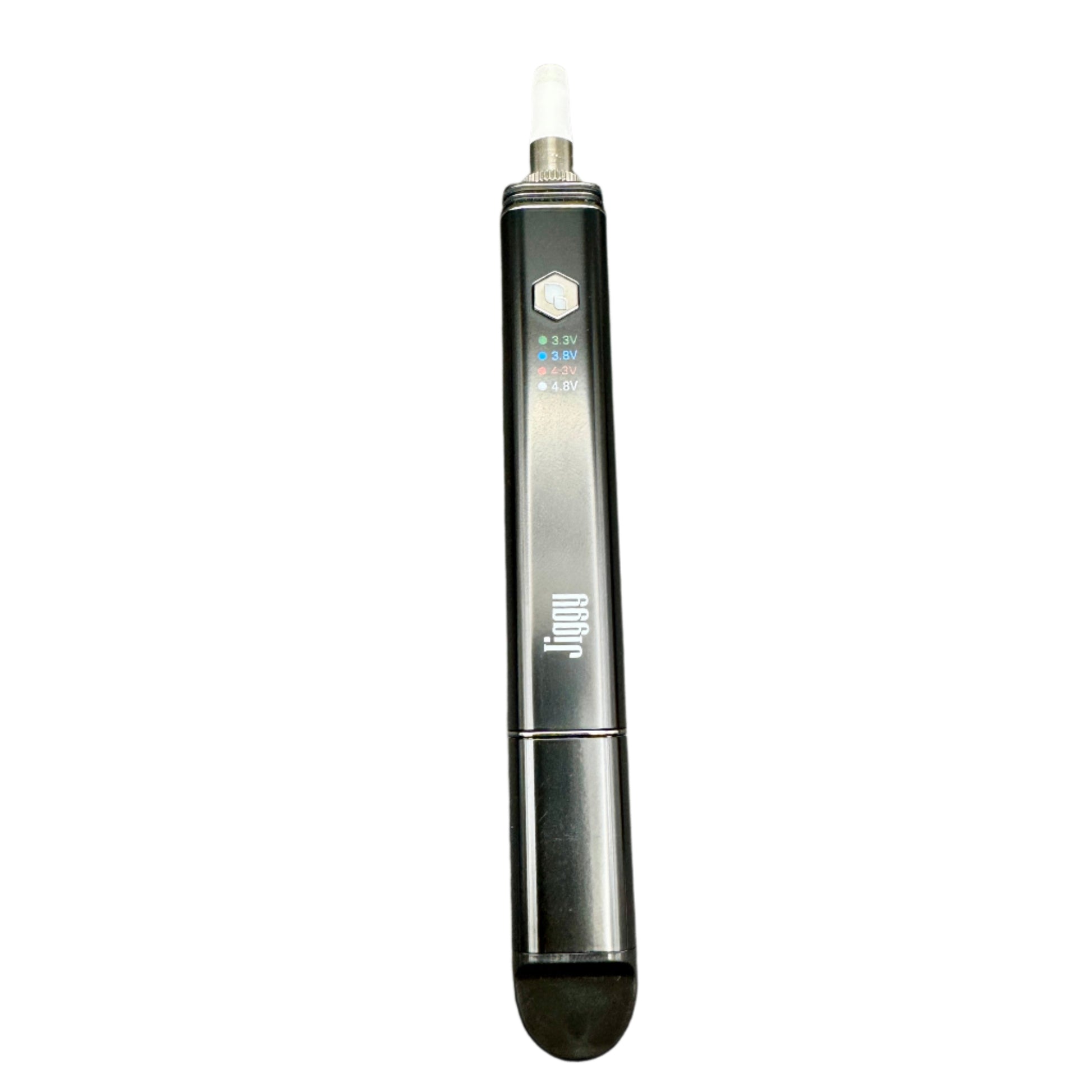 Electronic device with a brand logo on a gray background
