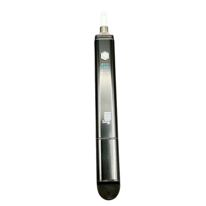 Electronic device with a brand logo on a gray background