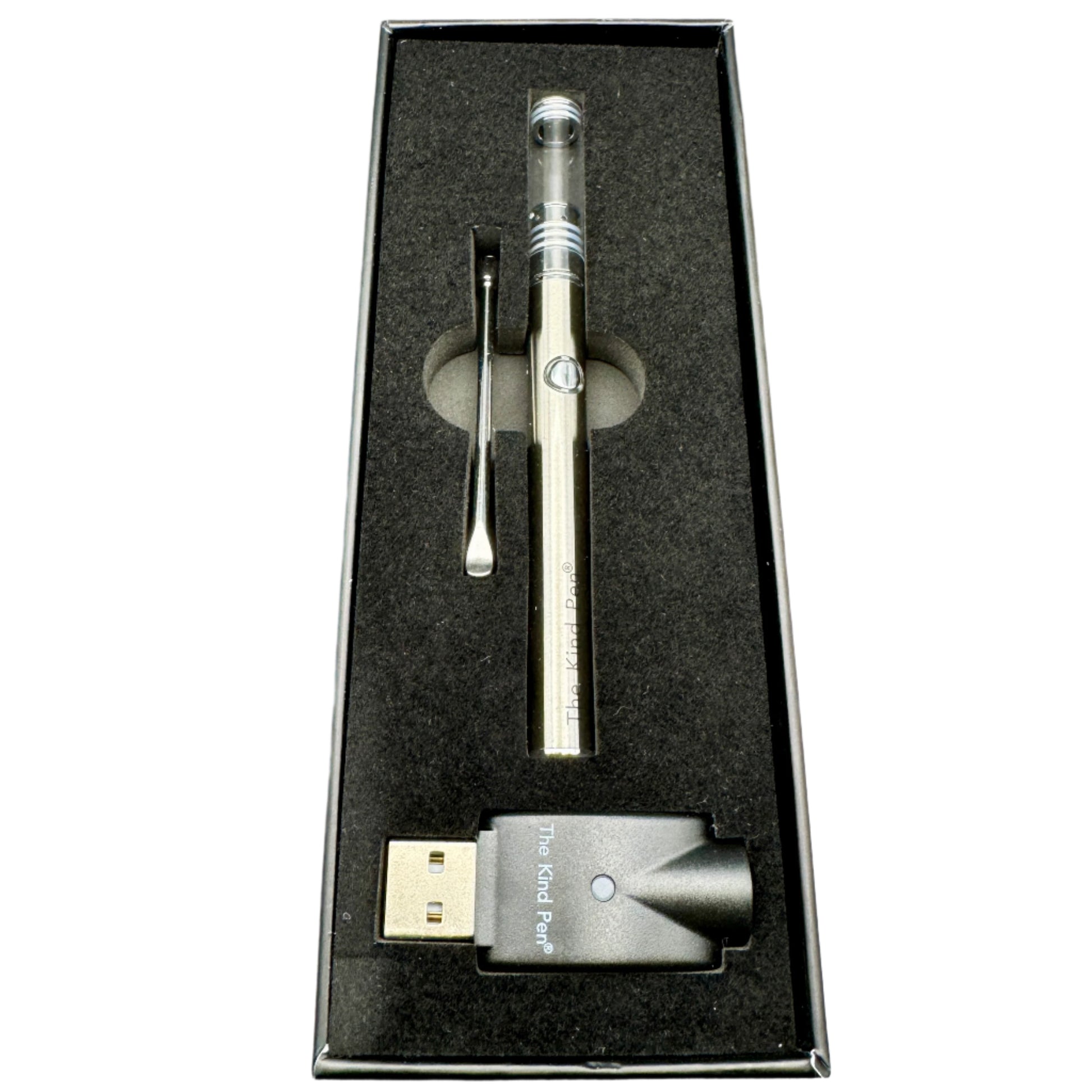 Pen and USB drive set in a black box on a gray background