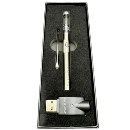 Pen and USB drive set in a black box on a gray background