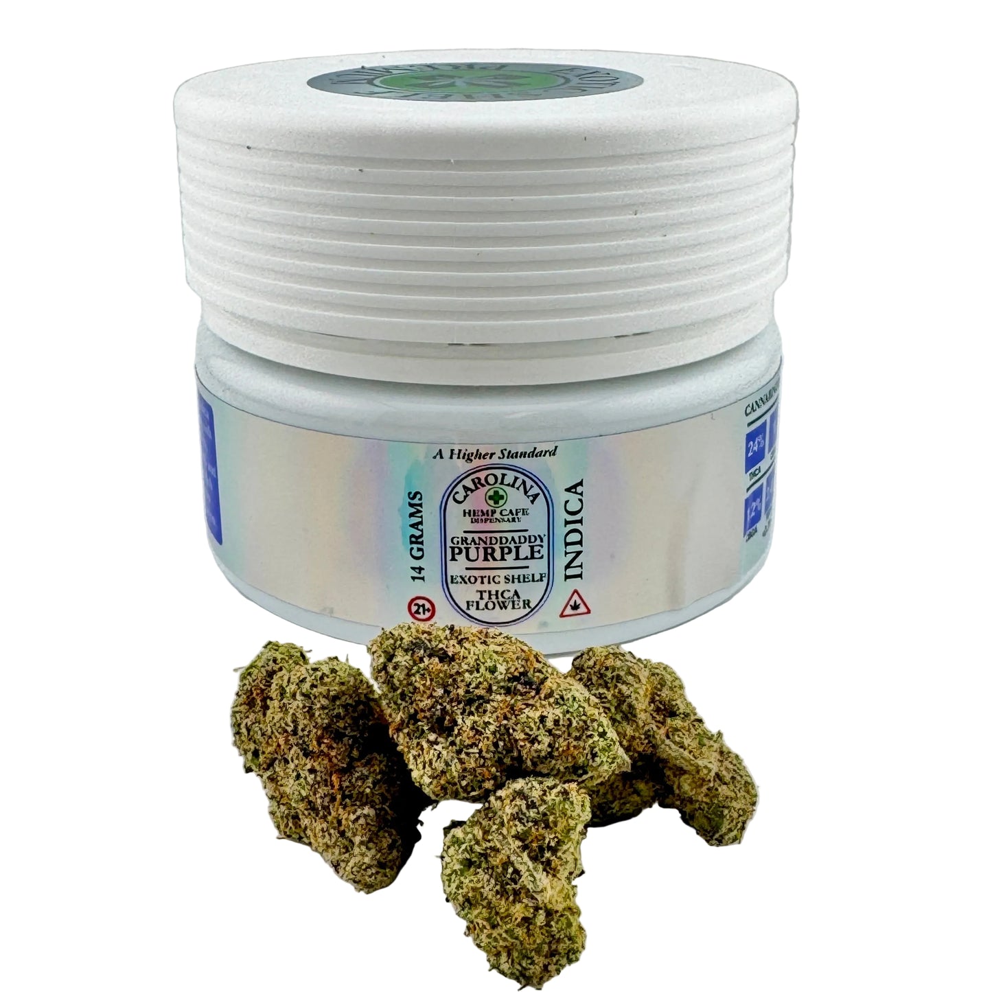Jar of cannabis buds with a label on a gray background