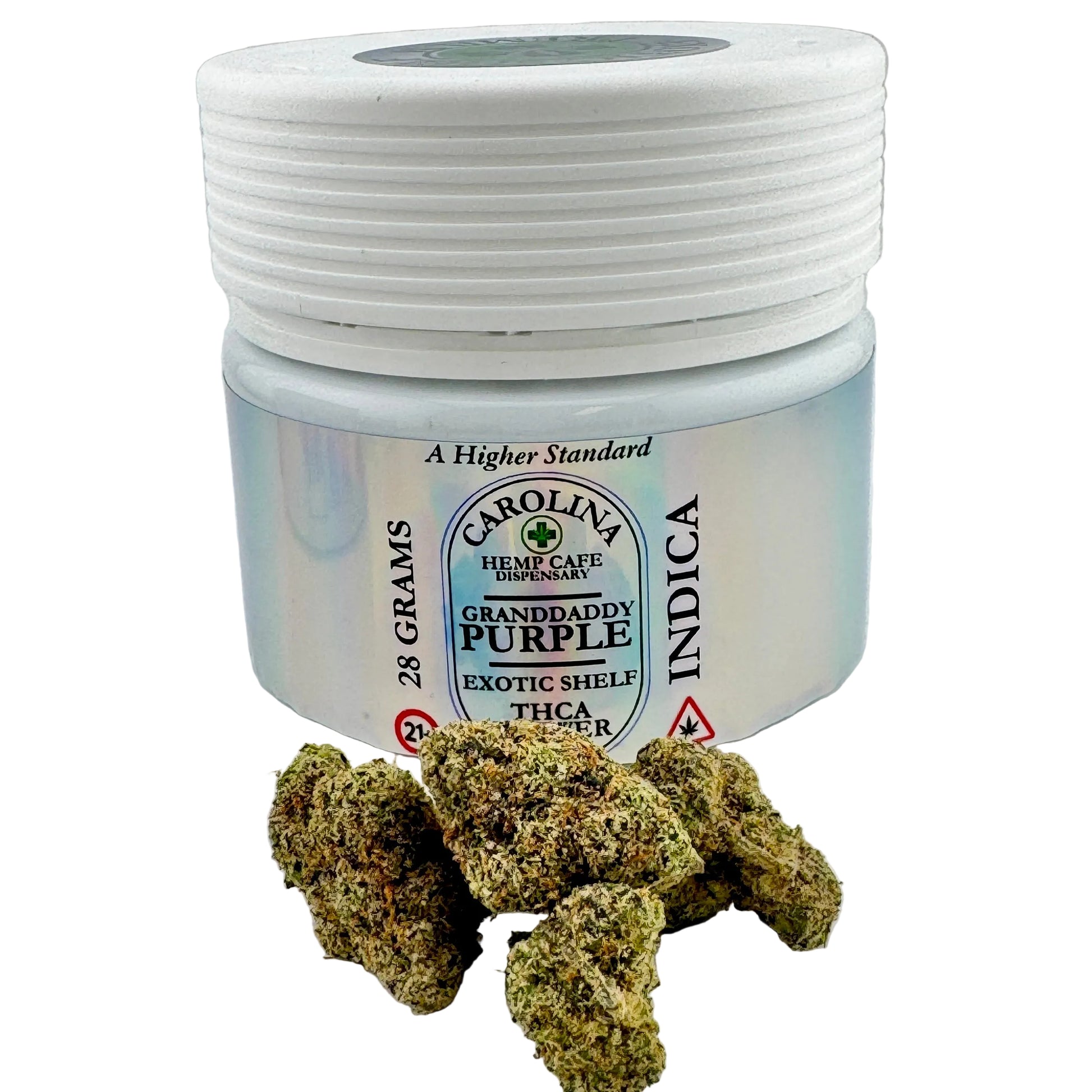 Jar of Carolina Hemp Cafe Grandaddy Purple cannabis buds on a gray background