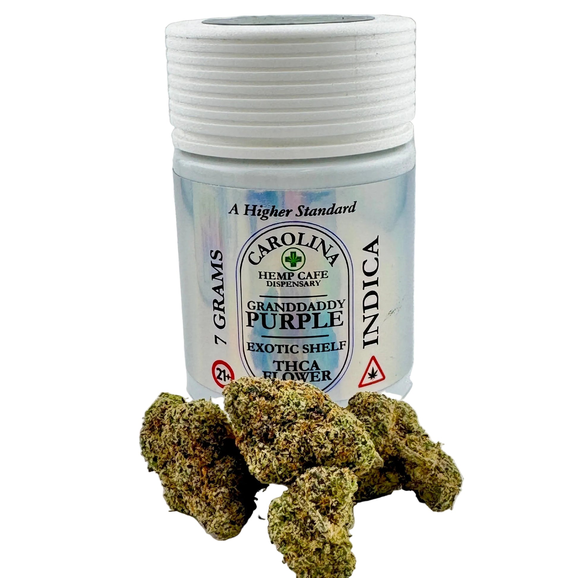 Jar of Carolina Hemp Cafe dispensary with 'Granddaddy Purple' indica strain label, surrounded by cannabis buds on a light gray background.