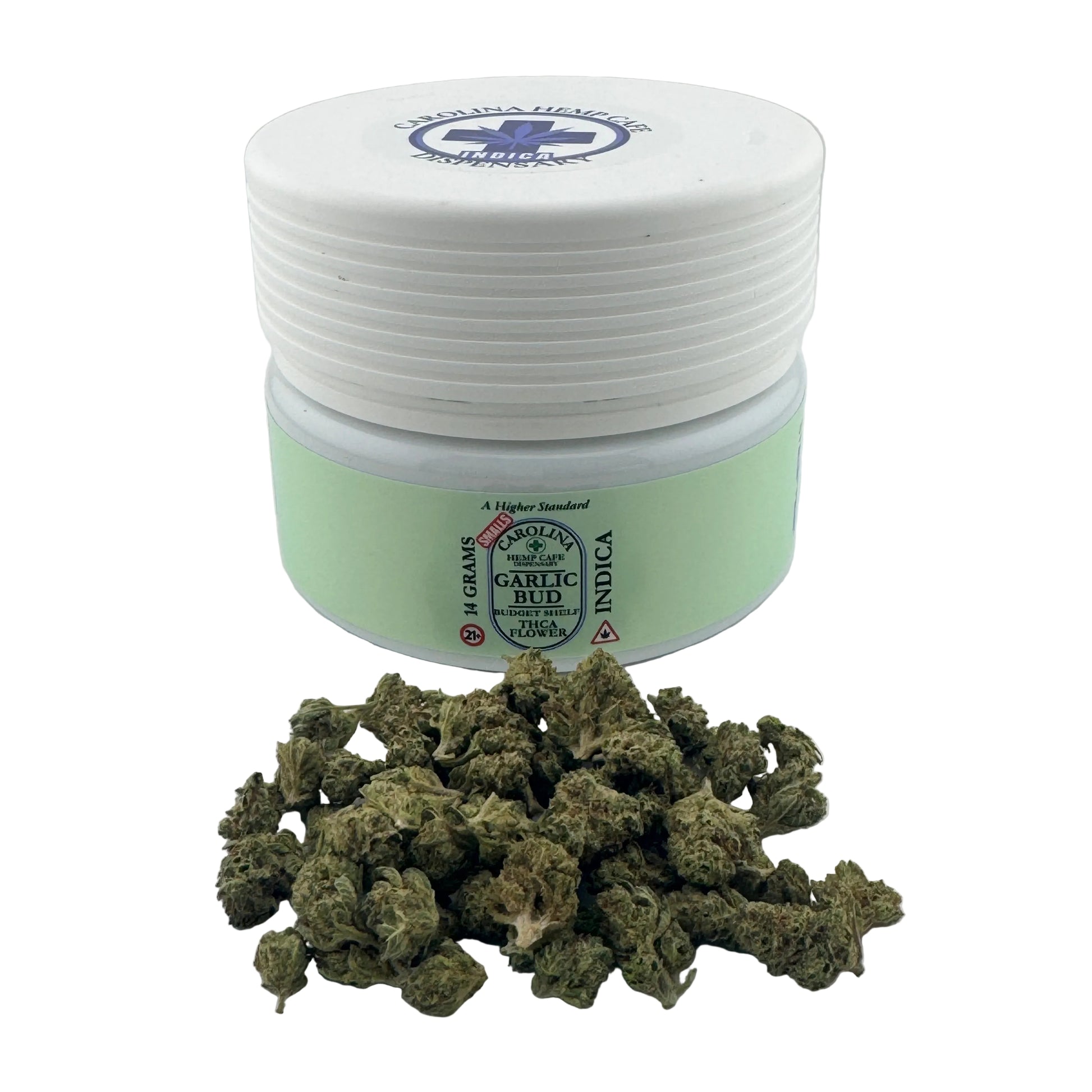 Jar of cannabis buds with a white lid on a light gray background