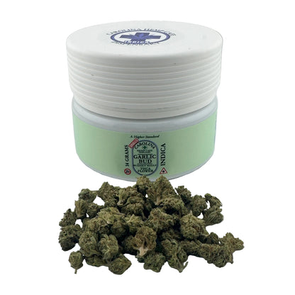 Jar of cannabis buds with a white lid on a light gray background