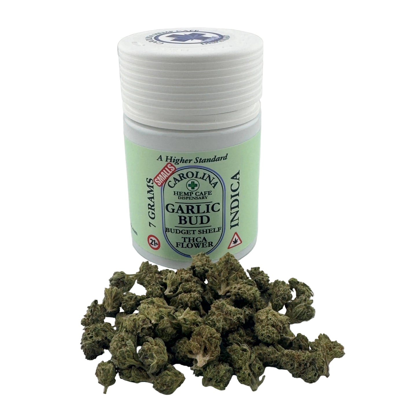 Jar of Carolina Hemp Cafe Garlic Bud IndicaTHCA Flower with cannabis buds on a white background