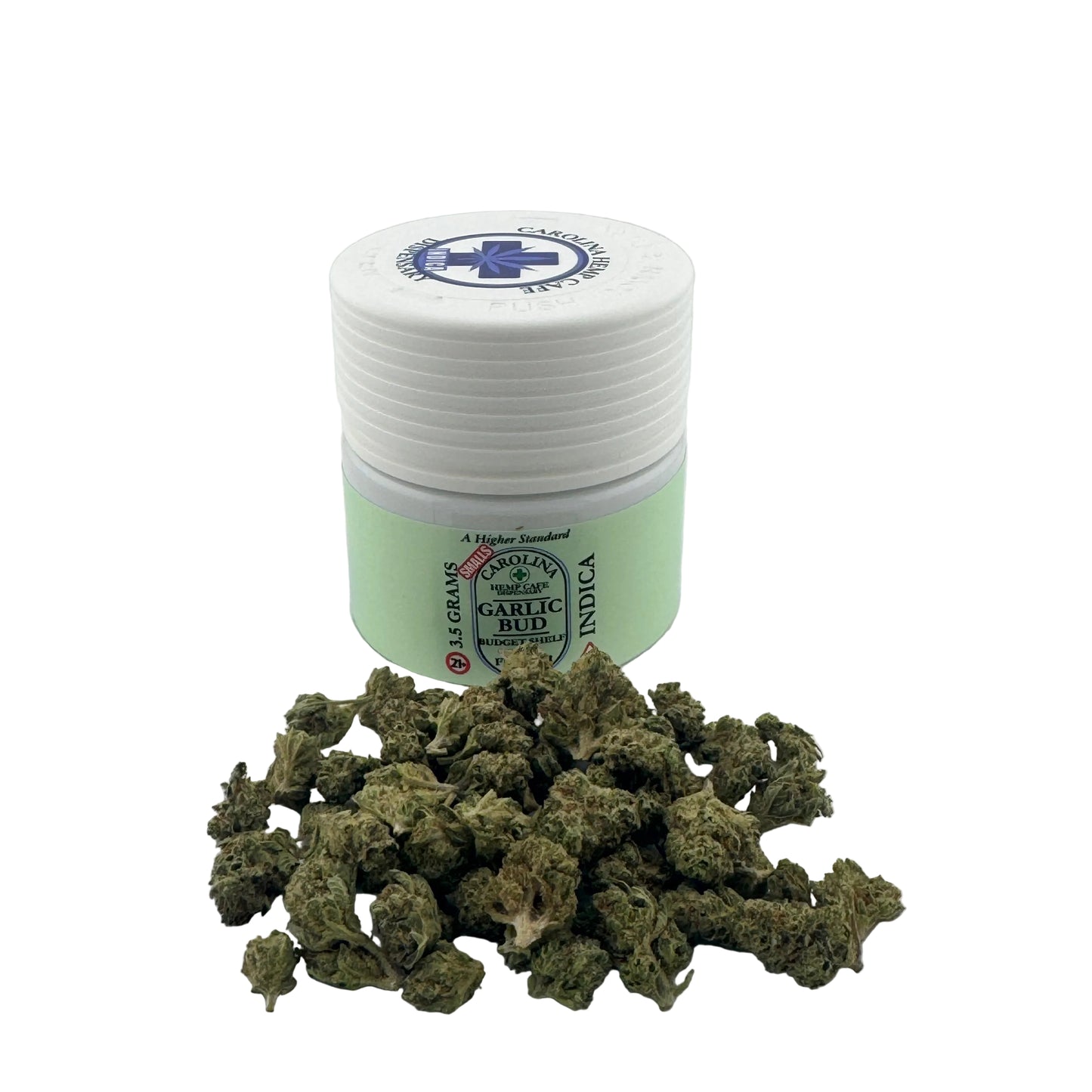 Jar of cannabis buds with a white lid on a gray background