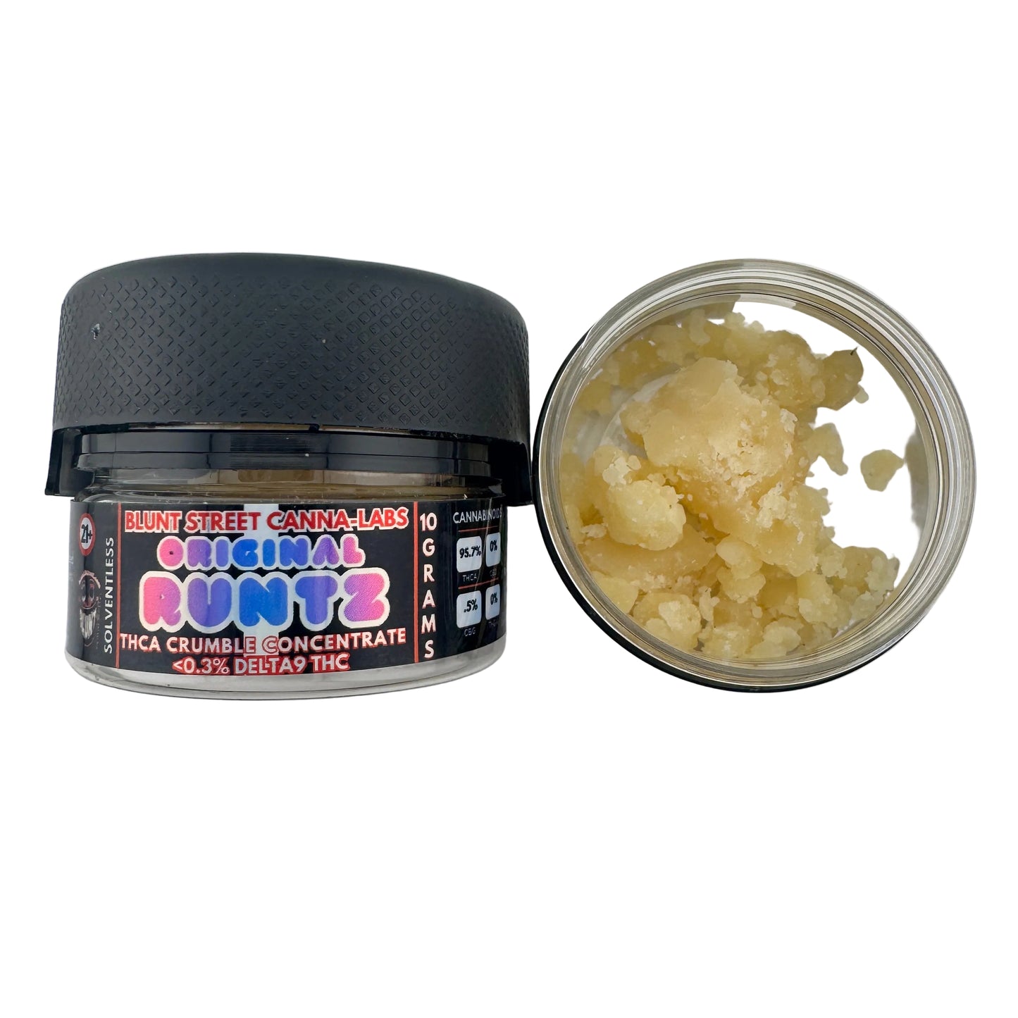 Open container of cannabis concentrate with visible product inside on a white background