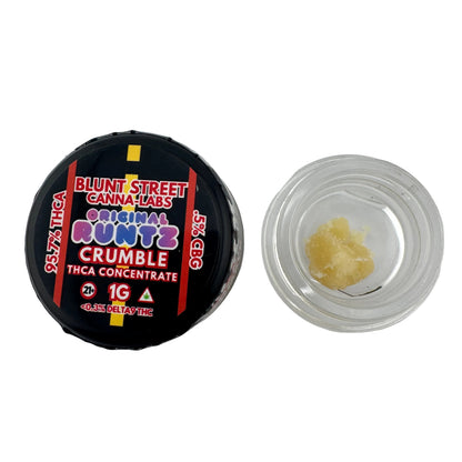 Blunt Street Canna Labs Original Runtz Crumble container withTHCA concentrate on a white background