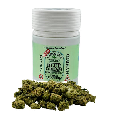 Jar of Carolina Hemp Farms Blue Dream hybrid cannabis with green label on a white background
