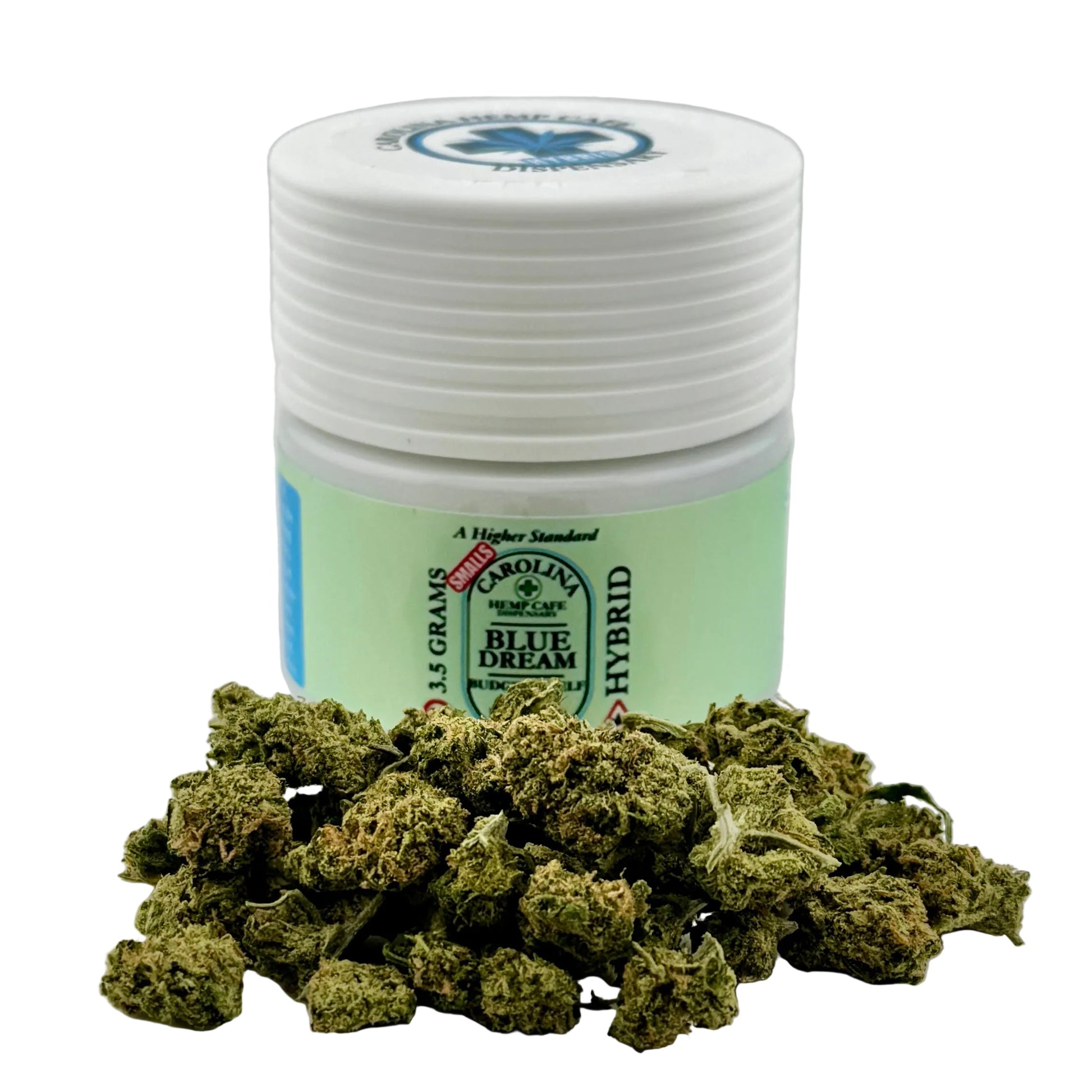 Jar of Blue Dream hybrid cannabis with cannabis buds on a white background