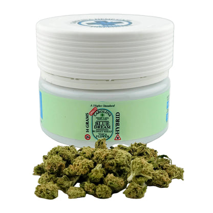 Jar of cannabis buds with a visible brand label on a white background