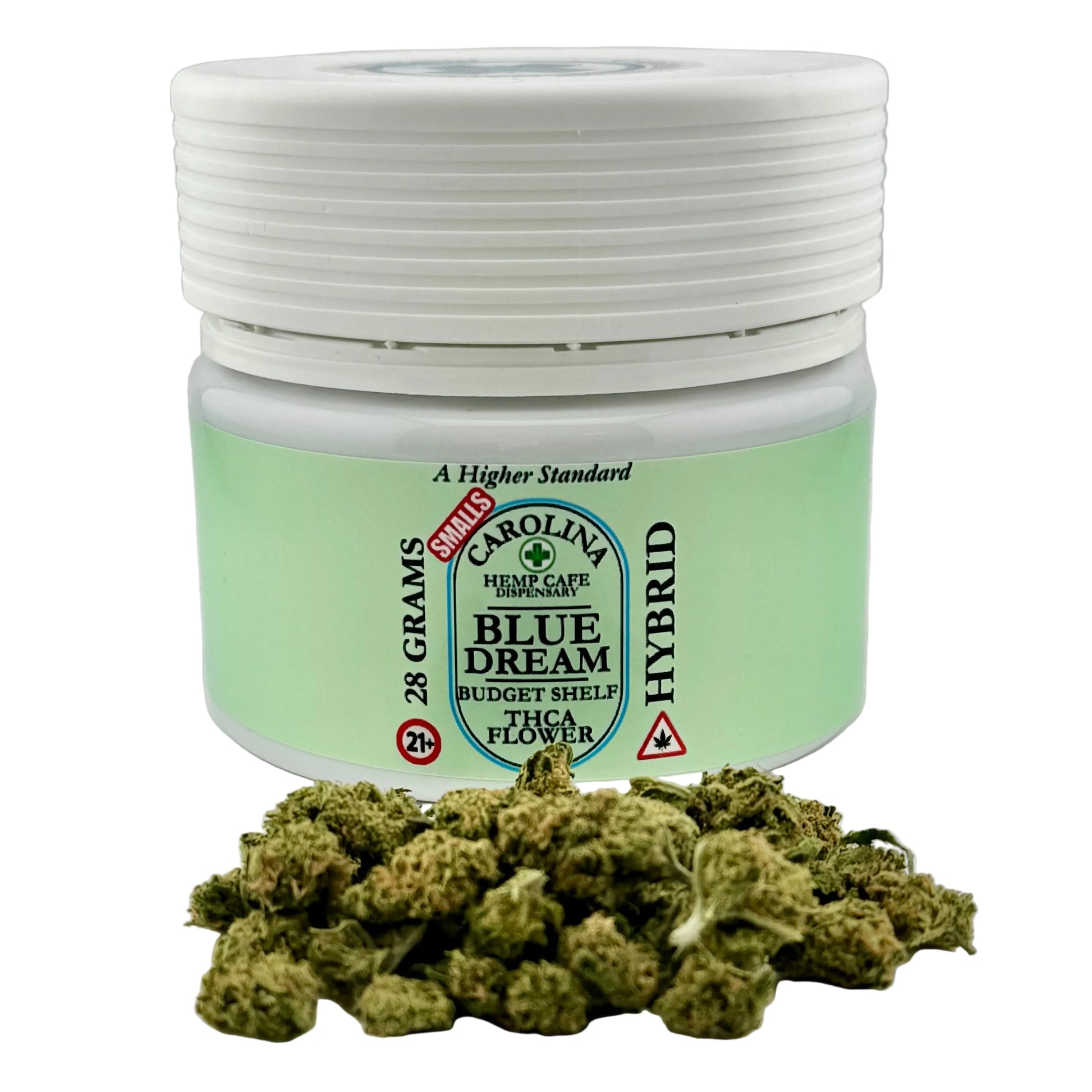 Jar of Blue Dream hybrid cannabis flower with visible branding on a gray background