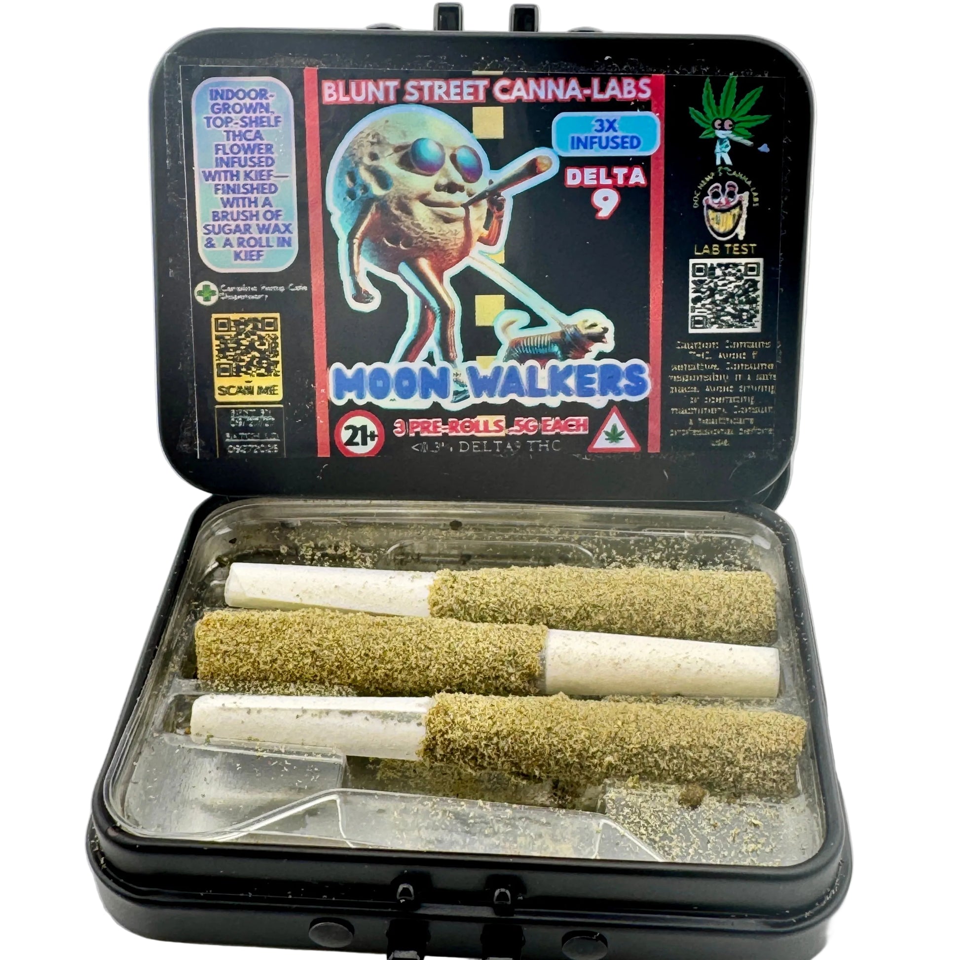 Open black case containing rolled joints with Blunt Street Canna-Labs branding on a white background